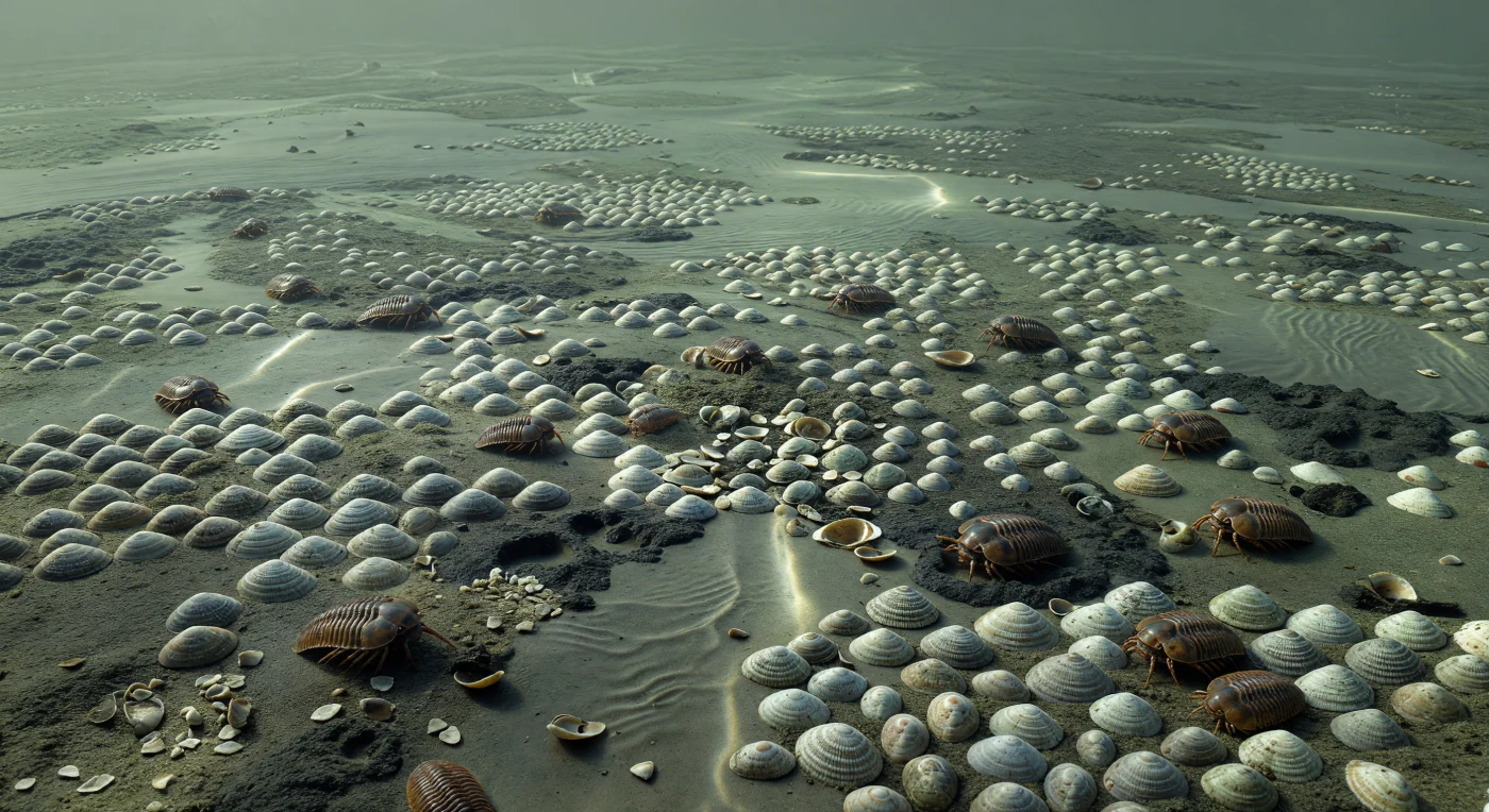 Sur ce fond marin peu profond de la marge australe du Gondwana, il y a environ 372 à 359 millions d’années, des tapis serrés de brachiopodes côtoyés par Australospirifer et Leptaena couvrent la vase gris sombre, tandis que des trilobites comme Metacryphaeus et Burmeisteria rampent entre les coquilles sous une lumière froide et verdâtre. Cette scène appartient au royaume malvinokaffrique, une province marine de hautes latitudes du Dévonien tardif, connue pour ses eaux tempérées à fraîches et sa faune très particulière, bien différente des mers tropicales à récifs de la même époque. Les rides de tempête, les valves entrouvertes et les plaques de coquilles évoquent un plateau continental régulièrement remué par les vagues, dans un monde ancien où le sud polaire abritait des communautés marines d’une étonnante richesse.