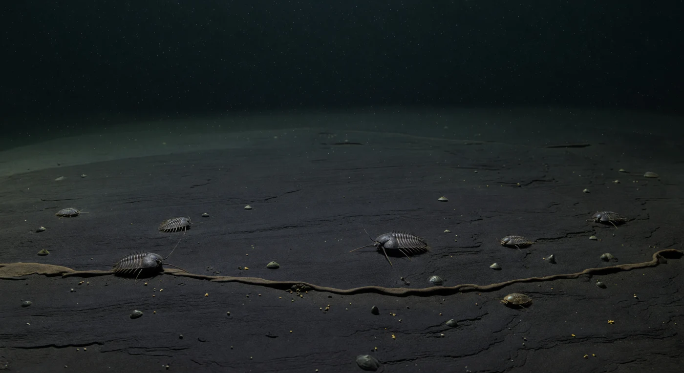 Sul fondo di un bacino marino profondo del Cambriano superiore, circa 490 milioni di anni fa, si distinguono nel chiarore verdastro appena percettibile pochi trilobiti del genere Olenus e minuscoli brachiopodi Obolus sparsi su un tappeto di fango nero finemente laminato, punteggiato da pirite. L’assenza quasi totale di gallerie nel sedimento e la foschia bruno-grigia che aderisce al fondale indicano acque povere di ossigeno, un ambiente duro ma favorevole agli olenidi, tra i pochi artropodi capaci di prosperare in questi fondi silenziosi e quasi senza luce. Questa scena restituisce un mare remoto, semplice e spoglio, dove la vita animale stava ancora esplorando i limiti ecologici dei primi oceani complessi della Terra.