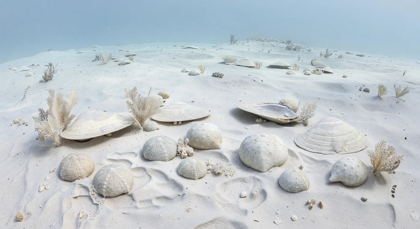 Su questo tranquillo fondale della piattaforma europea del tardo Cretaceo, circa 83–66 milioni di anni fa (Campaniano–Maastrichtiano), si stende un soffice tappeto bianco di fango a coccoliti, la futura craie che oggi affiora in molte parti d’Europa. Tra l’acqua azzurra leggermente lattiginosa si distinguono i ricci di mare irregolari Micraster, dalla forma a cuore, e i più tondeggianti Echinocorys, insieme a ventagli delicati di briozoi e alle grandi valve appiattite di Inoceramus semisepolte nel sedimento. Questa pianura marina calma e profonda abbastanza da sfuggire al moto ondoso quotidiano racconta un mare-serra del Cretaceo, dove minuscoli plancton calcarei cadevano incessantemente sul fondo, costruendo nel tempo spessori enormi di gesso e calcare.