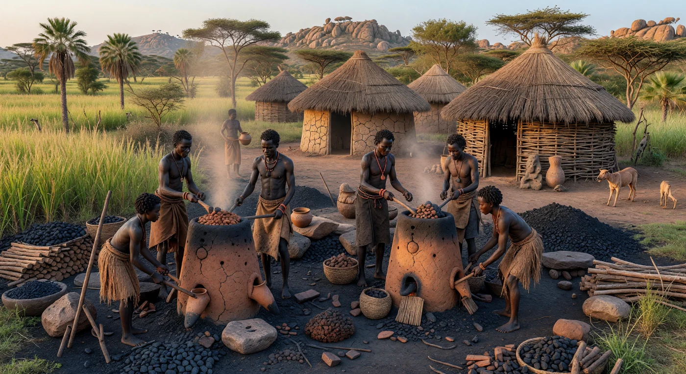 Au bord d’un village nok du plateau central nigérian, des métallurgistes alimentent de hauts fourneaux en argile avec du charbon de bois et du minerai, tandis qu’une loupe de fer encore spongieuse repose parmi les cendres, les scories et les pierres de martelage. Cette scène évoque l’une des plus anciennes traditions sidérurgiques connues d’Afrique de l’Ouest, active vers 500 av. J.-C., au cœur d’un paysage de savane parsemé de champs de mil, d’affleurements granitiques et de cases en torchis coiffées de chaume. Les parures de terre cuite et les fragments figuratifs rappellent la culture nok, célèbre aujourd’hui pour ses sculptures, mais ici montrée dans la réalité quotidienne d’un savoir-faire technique remarquable.
