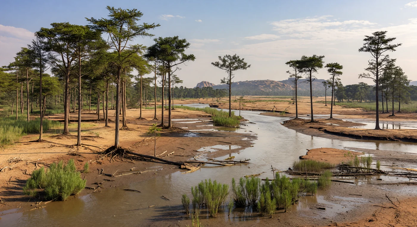 Su una vasta pianura alluvionale del Gondwana devoniano, circa 385–365 milioni di anni fa, un fiume lento serpeggia tra fanghi rosso-bruni stagionalmente inondati e una rada foresta a galleria di Archaeopteris, tra i primi veri alberi del pianeta, alti fino a 10–20 metri. I loro tronchi bruno-grigi e le chiome simili a felci emergono sopra ciuffi di licopside primitive e parenti sfenopsidi a fusti articolati, piante vascolari che colonizzavano gli argini più umidi. Radici estese, giovani alberelli e tronchi caduti mostrano come queste prime foreste stessero trasformando il paesaggio, stabilizzando i sedimenti e inaugurando un nuovo mondo terrestre nel profondo tempo.