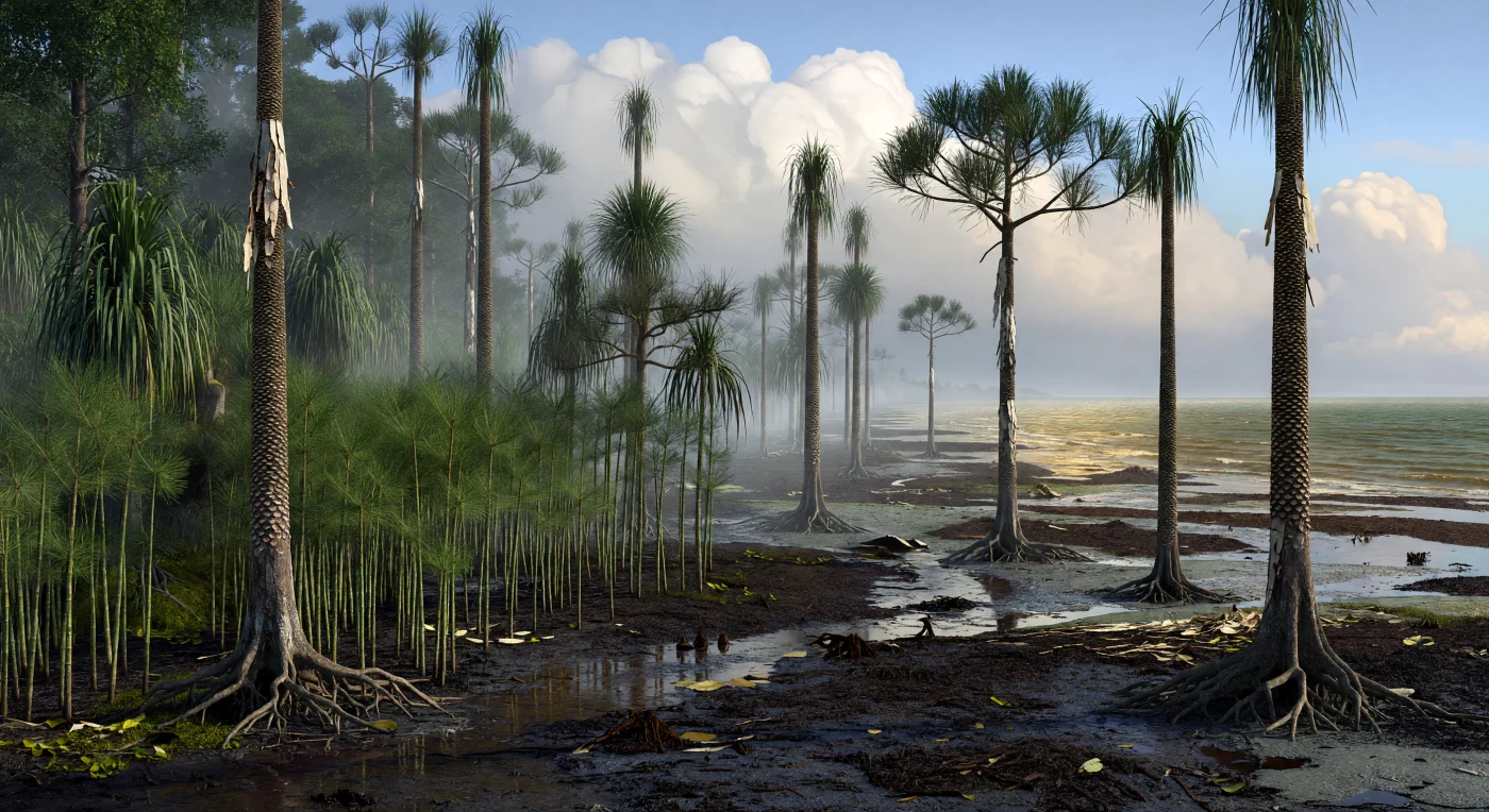 Lungo una costa tropicale in ritirata del tardo Carbonifero, circa 315–305 milioni di anni fa, si estendono immense paludi torbose sotto un’aria calda e satura d’umidità: giganteschi Lepidodendron alti 25–35 metri e i tronchi scanalati di Sigillaria emergono dalla foschia, mentre densi boschetti di Calamites fiancheggiano i canali e Cordaites occupano i lembi di terreno leggermente più asciutti. Nel suolo nero di torba affiorano le grandi radici di Stigmaria, indizio delle piante licopodiali che dominarono queste pianure costiere equatoriali di Laurussia. Questi paesaggi, privi di fiori ed erbe moderne, si formavano accanto a mari epicontinentali poco profondi e registrarono oscillazioni del livello del mare che, strato dopo strato, avrebbero dato origine ai celebri giacimenti di carbone del Pennsylvaniano.