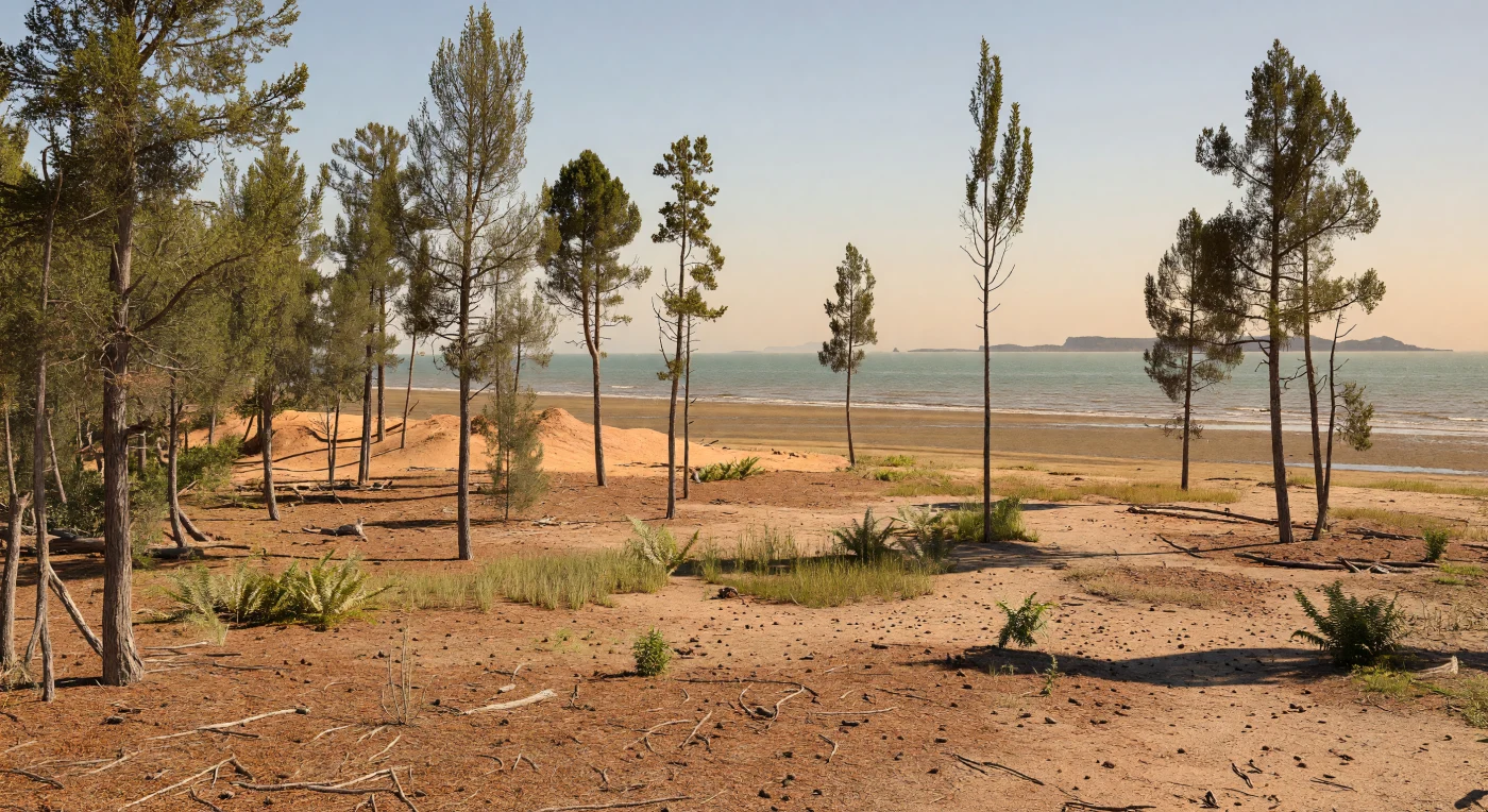 Sur la côte occidentale de la Pangée, une forêt clairsemée de conifères primitifs comme Walchia et Lebachia, hauts d’environ 3 à 10 mètres, s’élève au-dessus de plaines sableuses rougeâtres parsemées de fougères et de sphenopsides dans les zones les plus humides. Dans la litière sèche d’aiguilles, de cônes et de brindilles, de petits coléoptères primitifs et des blattodéens se faufilent sous une lumière chaude et brumeuse venue de la bordure de la Panthalassa. Nous sommes à la toute fin du Permien, il y a environ 252 millions d’années, peu avant la plus grande crise biologique de l’histoire de la Terre, lorsque le climat de serre, les rivages oxydés et les marges volcaniques actives annonçaient déjà le monde du « Grand Mourant ».