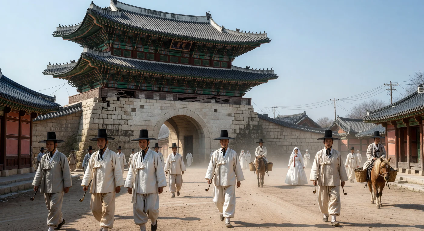 Au cœur de Séoul à la fin du XIXe siècle, une foule de citadins vêtus de hanboks en coton blanc et coiffés de chapeaux *gat* en crin de cheval s'anime devant la majestueuse porte Sungnyemun, dont la charpente de bois sculpté repose sur une fondation de granit séculaire. Cette scène illustre l'identité du « peuple vêtu de blanc » à l'aube de l'Empire coréen, une période charnière où les traditions séculaires de la dynastie Joseon côtoient les premiers signes de la modernité, tels que les lignes télégraphiques émergeant à l'horizon. L'atmosphère de cette artère poussiéreuse capture avec précision l'équilibre fragile entre l'héritage d'un royaume longtemps resté fermé et les transformations technologiques rapides de la Belle Époque.