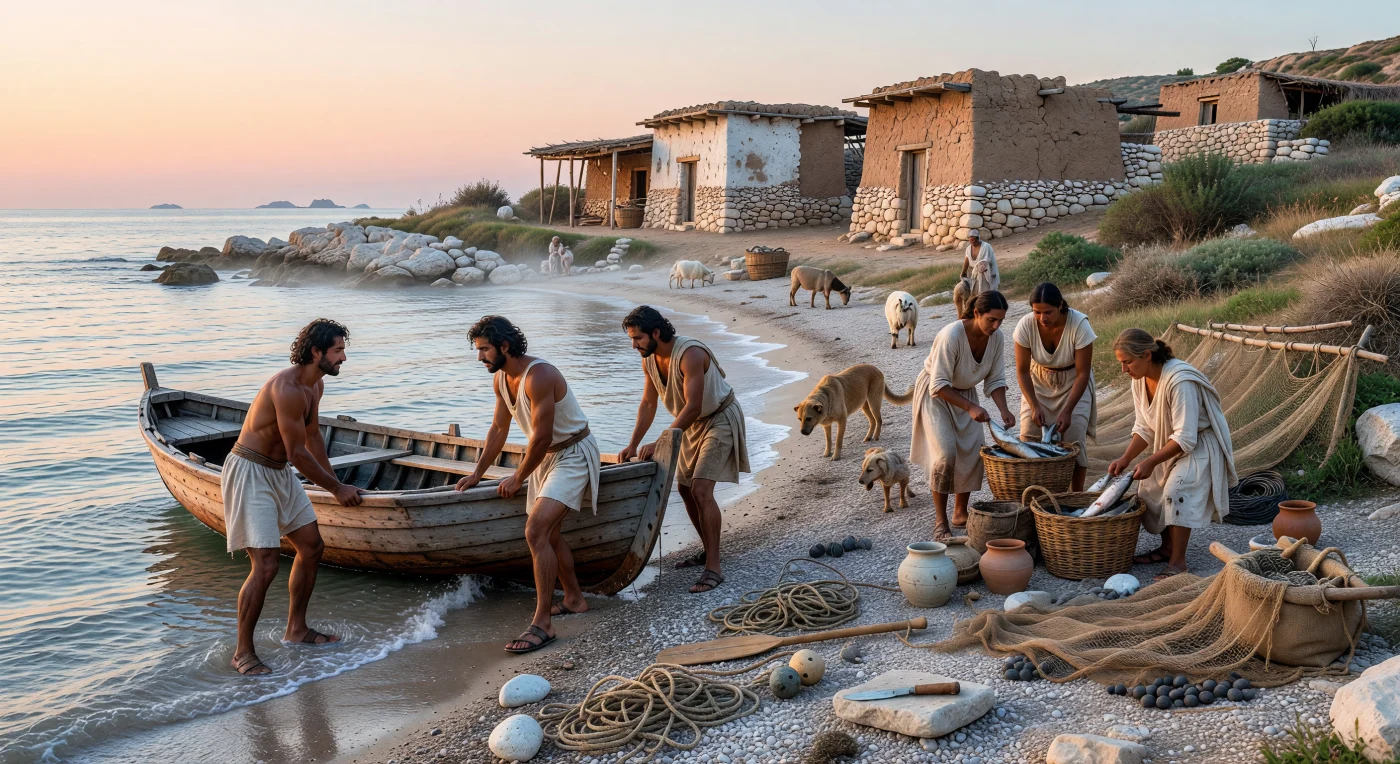 At first light on an Aegean shore, fishermen and their families launch a small wooden boat while women sort mullet beside drying flax nets weighted with lead sinkers. The modest houses of stone and mudbrick, wicker baskets, terracotta jars, goats, and village dog evoke the working world of a 4th-century BC Greek coastal community. Far from the marble temples often associated with Classical Greece, scenes like this reflect the everyday maritime labor that sustained island and mainland settlements across the eastern Mediterranean.