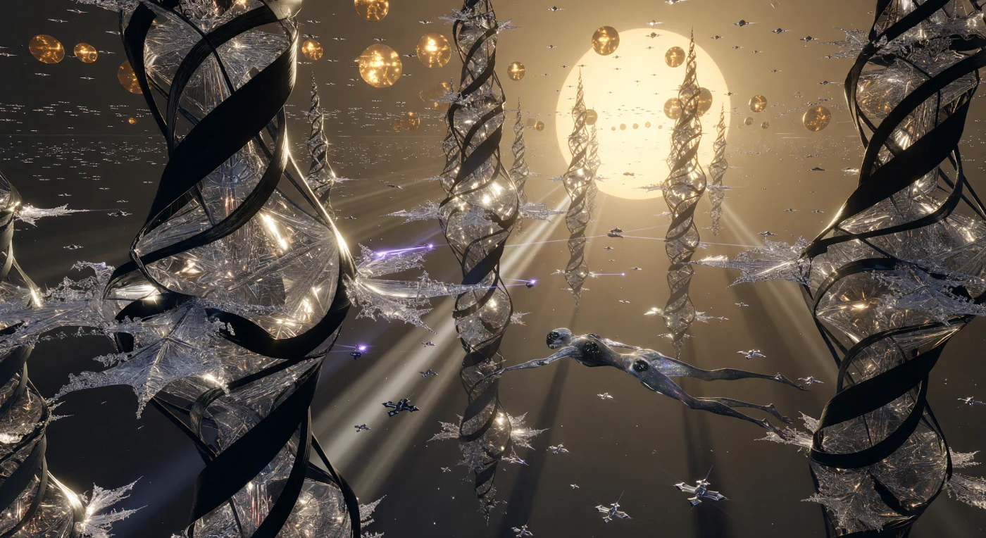 In de verre toekomst van de Galactische Era (ca. 5.000–20.000 n.C.) vormen de Fractale Spitsen van Sol-Prime een monumentaal knooppunt binnen een Dyson-zwerm die onze zon omringt. Deze kilometerslange structuren van transparant alumina en grafeen bieden een habitat voor de Void-Born (Litho-Synthetici), post-biologische wezens die straling oogsten via een met perovskiet-kristallen ingelegde huid, terwijl Silicon-Ethereal-bewustzijns via geometrische drones door de microzwaartekracht navigeren. Het tafereel baadt in een eeuwige gouden schemering, veroorzaakt door miljarden orbitale spiegels die de volledige energie-output van de ster oogsten voor een beschaving die de grenzen van biologie en lineaire tijd ver achter zich heeft gelaten.