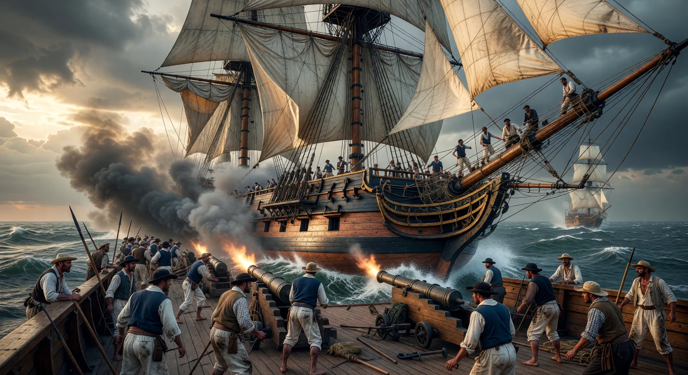 Nesta cena dramática do início do século XIX, uma fragata de carvalho dispara uma poderosa salva de canhões, envolvendo o convés em fumaça densa enquanto marinheiros de diversas origens enfrentam as águas revoltas do Atlântico. Durante a Era das Revoluções, estas embarcações eram os pilares do poder imperial e da luta pela independência nas Américas, operadas por tripulações multirraciais que viviam sob condições extremas de combate e trabalho manual. A imagem captura o caos organizado da guerra naval, destacando a realidade crua de um período que transformou radicalmente as fronteiras e as identidades do continente americano.