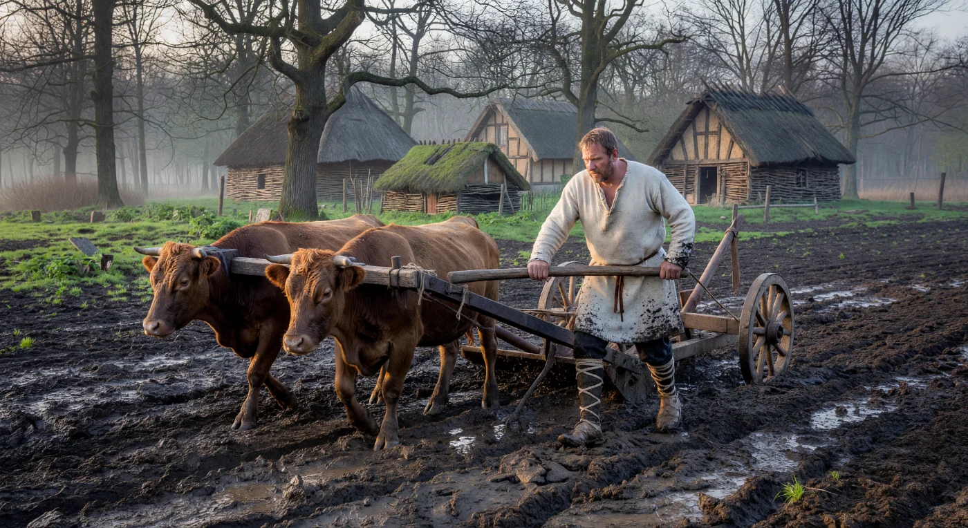 Ein fränkischer Bauer lenkt zwei kräftige Ochsen, die einen schweren, eisenbeschlagenen Karruka-Pflug durch den feuchten Lehmboden des 8. Jahrhunderts ziehen. Diese technologische Neuerung ermöglichte erstmals die effiziente Bearbeitung der schweren Böden Nordeuropas und schuf so die Nahrungsgrundlage für den Aufstieg des Frankenreiches. Im Hintergrund fügt sich eine Siedlung aus Flechtwerkbauten und strohgedeckten Dächern in die neblige Frühlingslandschaft Austrasiens ein.