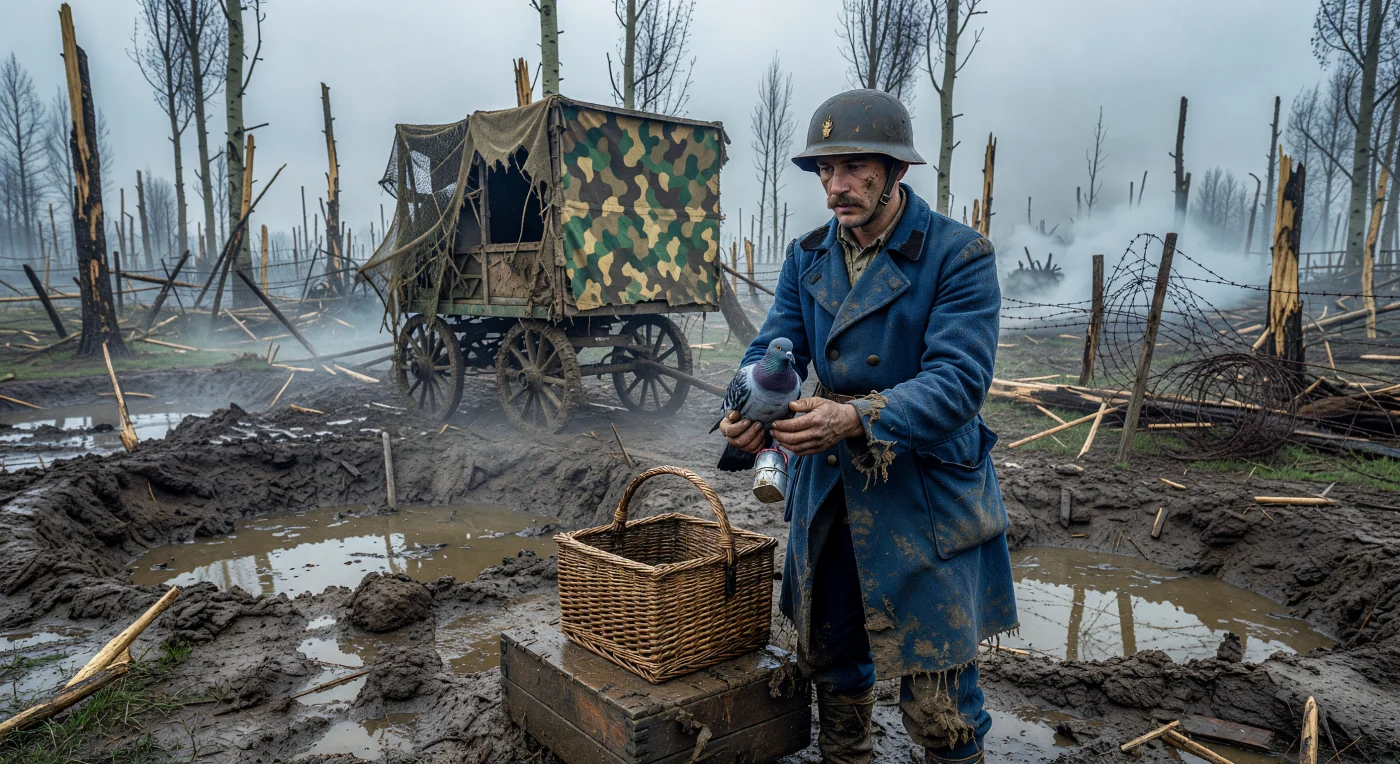 Een Franse 'Poilu'-soldaat in een besmeurd 'Bleu Horizon'-uniform laat behoedzaam een postduif los te midden van de versplinterde bomen en diepe modder aan het Westelijk Front rond 1917. In een tijdperk waarin artillerievuur de telegraafverbindingen stelselmatig verbrak, vormden deze vogels een vitale communicatielijn voor het overbrengen van cruciale berichten vanuit de voorste linies naar het hoofdkwartier. Deze aangrijpende scène illustreert de schrille tegenstelling tussen de kwetsbare natuur en de technologische vernietiging van de Eerste Wereldoorlog.