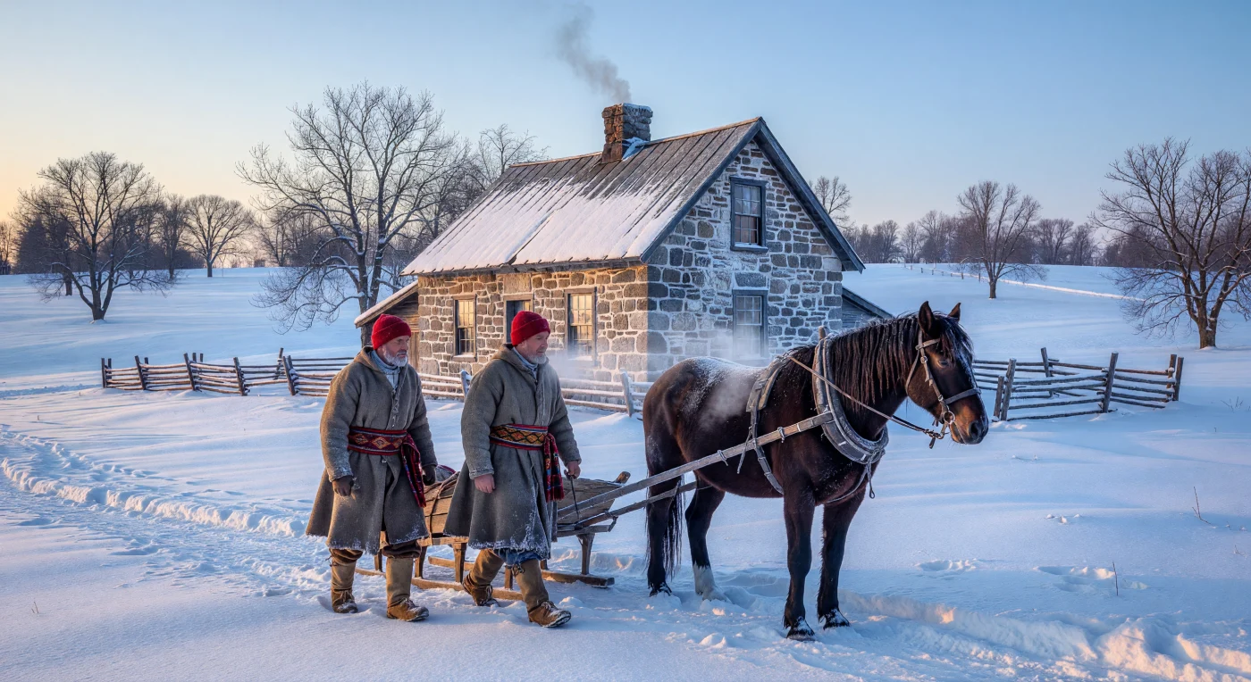 An einem frostigen Morgen im Niederkanada der 1840er Jahre führen zwei Habitants einen von einem kräftigen kanadischen Pferd gezogenen Holzschlitten an einem traditionellen Feldsteinhaus vorbei. Gekleidet in schwere graue Wollmäntel, farbenfrohe Ceintures fléchées und rote Strickmützen, verkörpern sie den mühsamen Alltag der französisch-kanadischen Landbevölkerung während der Ära der Revolutionen. Die Architektur des Wohnhauses mit seinen dicken Feldsteinmauern und den charakteristisch geschwungenen Traufen verdeutlicht die bauliche Anpassung der Siedler an das extreme Klima Nordamerikas.