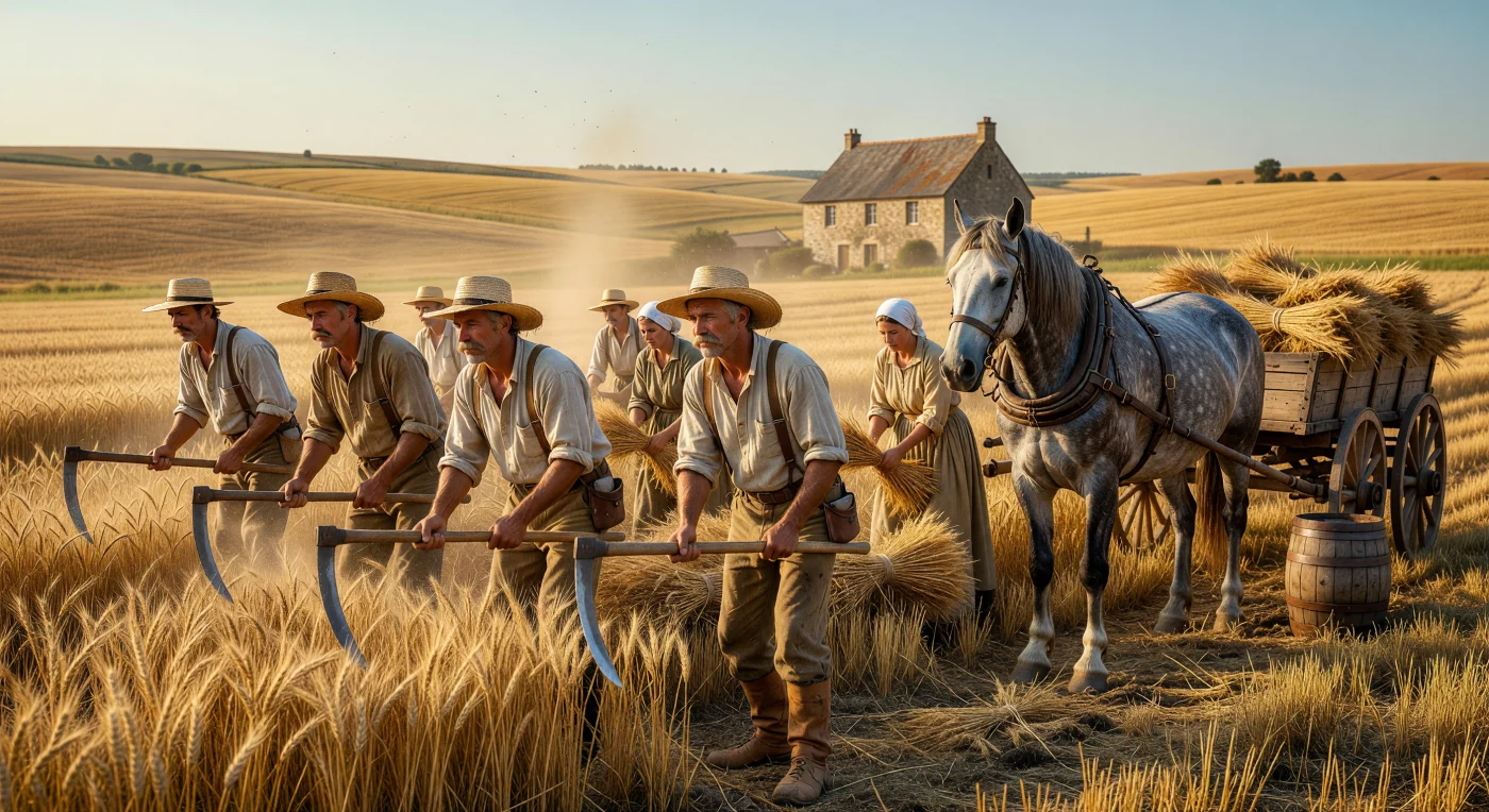 Inmitten der goldenen Weizenfelder des ländlichen Frankreichs um 1890 arbeiten Erntehelfer in traditionellen Leinenhemden und Holzschuhen mit schweren Sensen, während ein kräftiges Percheron-Kaltblut geduldig vor einem hölzernen Erntewagen wartet. Diese Szene fängt die mühsame Handarbeit der Belle Époque ein, bei der Frauen die geschnittenen Halme zu Garben binden und das warme Licht des Spätsommers über dem staubigen Feld flimmert. Es ist ein eindrucksvolles Zeugnis einer agrarischen Lebensweise am Vorabend der technologischen Revolution, die das ländliche Europa grundlegend transformieren sollte.