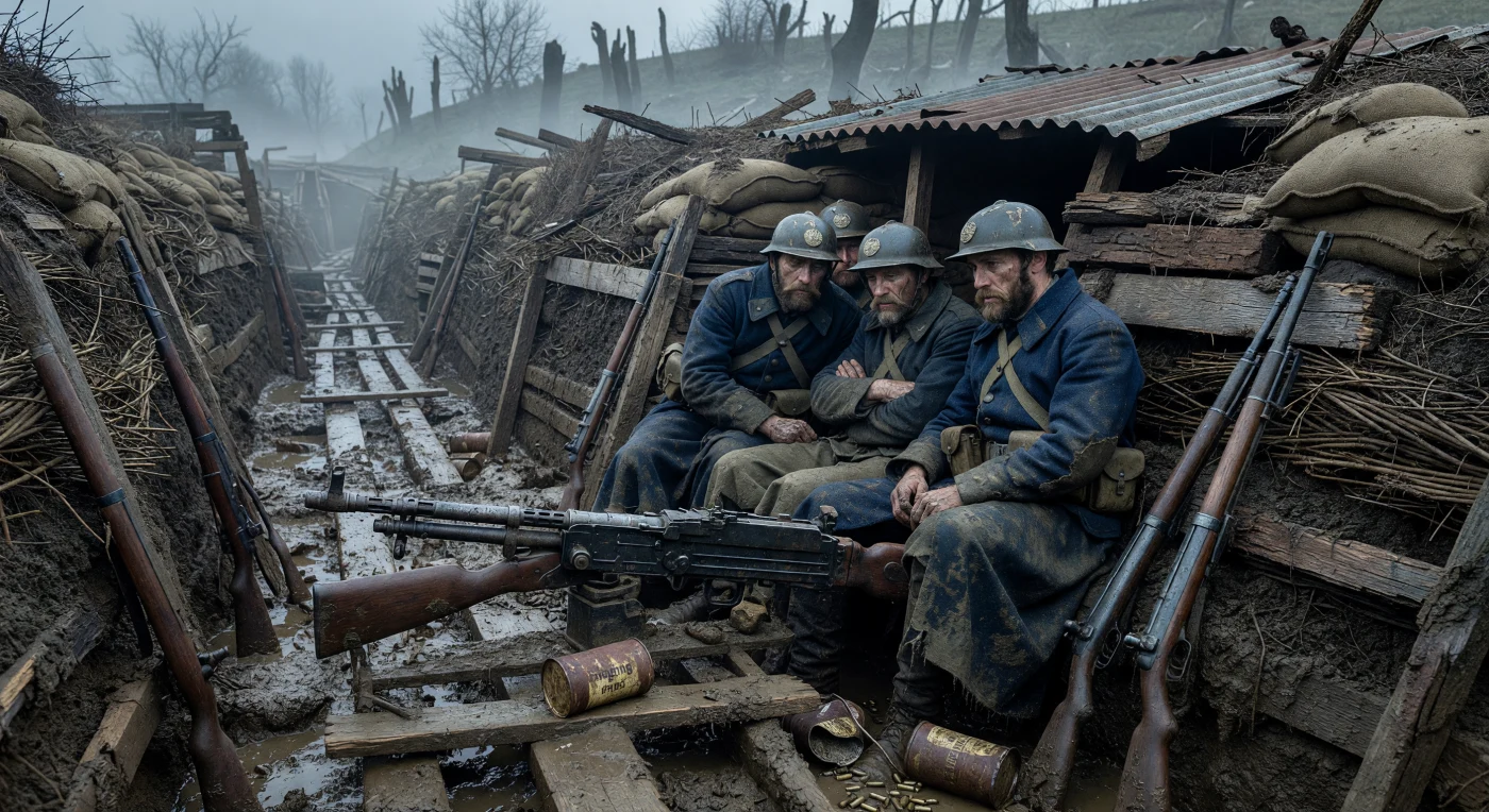 Französische Infanteristen, die sogenannten „Poilus“, kauern in ihren schlammbedeckten, horizontblauen Wollmänteln und stählernen Adrian-Helmen in einem engen, holzverstärkten Schützengraben bei Verdun. Neben einem erbeuteten deutschen Maxim-Maschinengewehr MG 08 und verrosteten Konservendosen zeugen ihre abgezehrten, bärtigen Gesichter von den brutalen Entbehrungen des Stellungskrieges im Jahr 1916. Diese Szene verdeutlicht die beklemmende Realität der Materialschlacht, in der Soldaten inmitten von Morast und Nebel den Übergang zur technisierten totalen Kriegführung des 20. Jahrhunderts durchlebten.