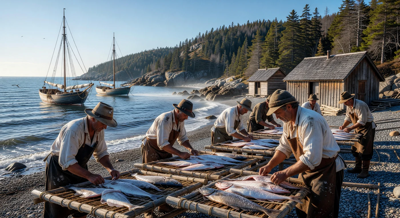 On the rugged shores of the Gaspé Peninsula circa 1750, French-Canadian fishermen meticulously arrange split Atlantic cod on "vigneaux," elevated wooden drying flakes essential to the traditional "Gaspé cure" process. This labor-intensive method, involving precise salting and exposure to the sun and salt-heavy air, transformed the catch into a durable commodity for global trade across the Atlantic. The scene captures the vital maritime economy of New France, where seasonal fishing stations and wooden schooners defined the coastal landscape of the Gulf of St. Lawrence.