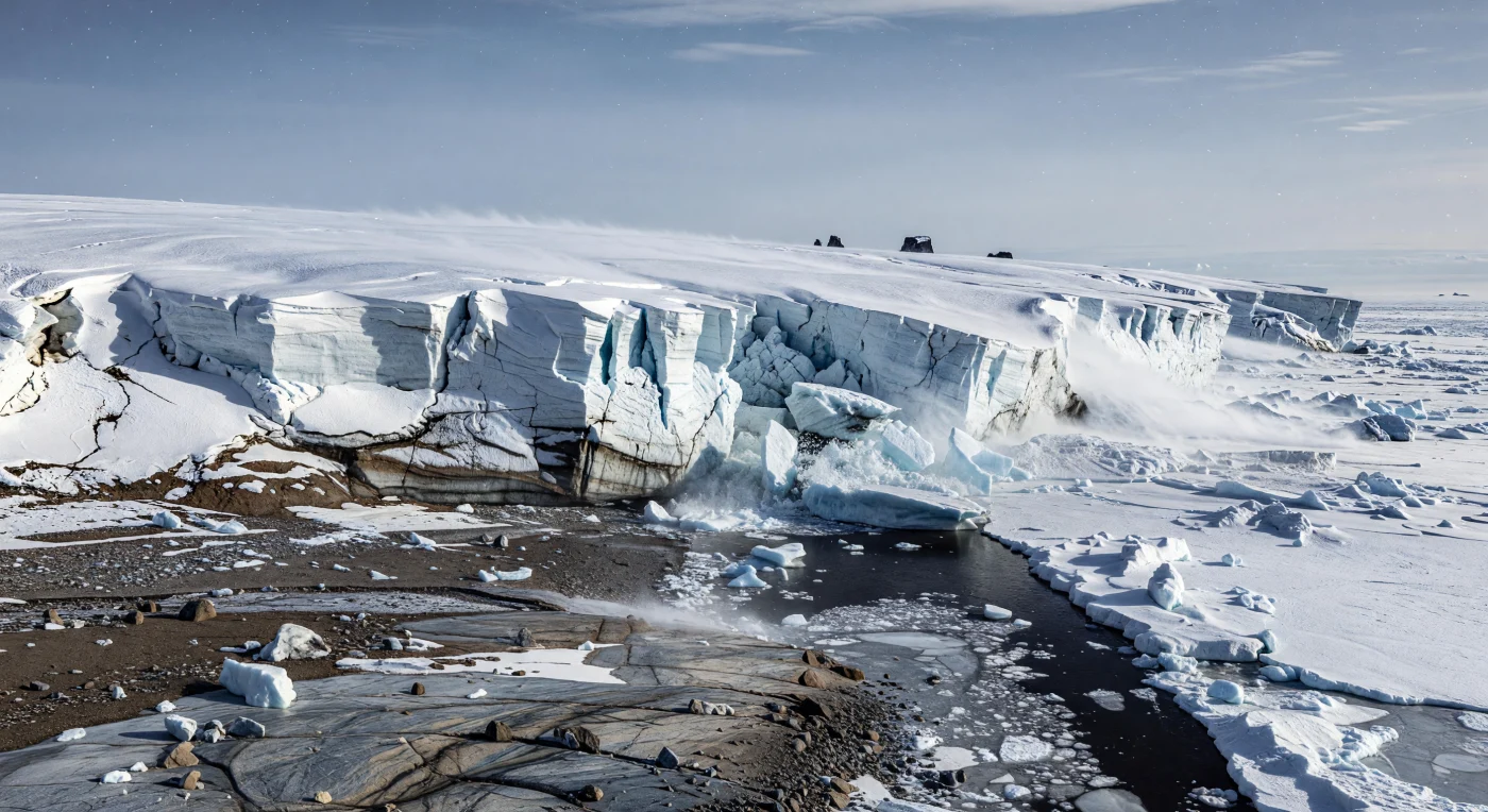 Una costa criogeniana durante la “Terra a palla di neve” mostra un enorme ghiacciaio continentale che, raggiunto il mare, si trasforma in una piattaforma di ghiaccio galleggiante e si frattura liberando blocchi grandi come case in una stretta fenditura d’acqua nera. Questa scena risale al Cryogeniano, circa 720–635 milioni di anni fa, durante le glaciazioni sturtiana e marinoana, quando vaste calotte coprivano quasi tutto il pianeta e depositavano tilliti e diamictiti su gneiss granitici e quarziti levigati dal ghiaccio. Sebbene non si vedano animali o piante, sotto il ghiaccio probabilmente sopravvivevano microbi come cianobatteri, batteri chemiosintetici e forse alghe eucariotiche in rifugi subglaciali o in canali di salamoia: un mondo severo e silenzioso, sospeso nelle profondità del tempo.