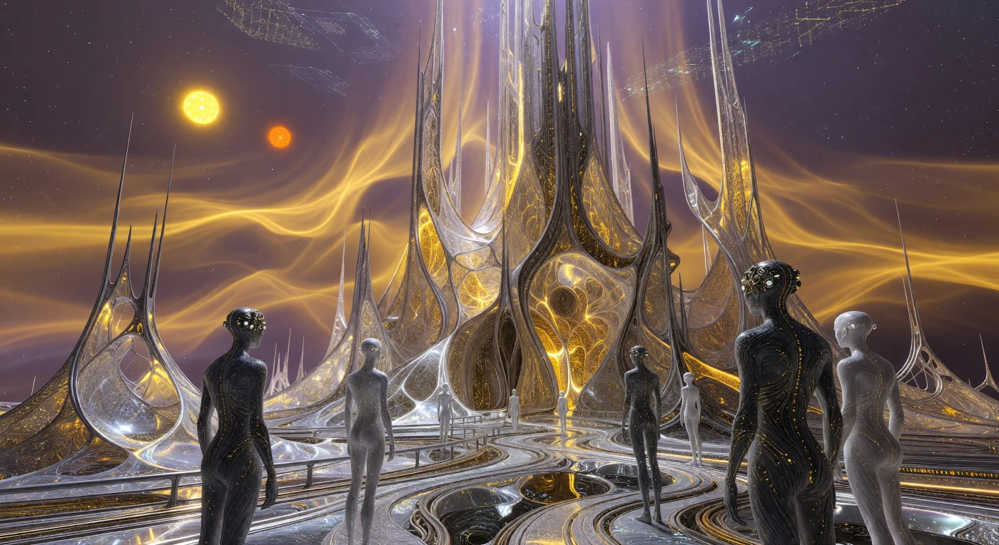 Standing as a testament to the Interstellar Dawn (3000–5000 AD), the Void-Cathedral of Alpha Centauri Bb showcases the pinnacle of post-human architecture through its use of "Frozen Light" photonic matter and non-Euclidean geometries. The structure’s amber spires vibrate in resonance with the planet’s magnetosphere, generating visible plasma waves while anchored to a foundation of molecularly reinforced graphene and cooled by "Smart-Fluid" liquid metal. In the foreground, "Synergetic" post-humans—biologically adapted with carbon-nanotube skin and multi-lens ocular arrays for high-radiation environments—observe the binary star system, illustrating the profound evolutionary and technological synthesis of the fifth millennium.