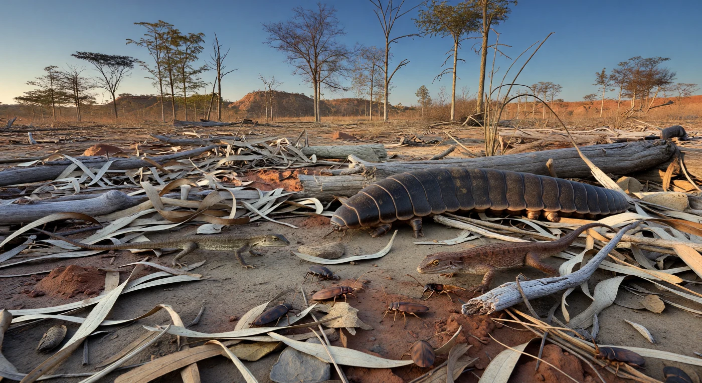 Auf dem trockenen Waldboden des späten Karbons, vor etwa 310–305 Millionen Jahren, pirschen ein kleiner Hylonomus und der etwas größere Paleothyris durch das raschelnde Laub von Cordaites-Bäumen und jagen schabenähnliche Archimylacris. Hinter ihnen windet sich ein rund 2 Meter langes Arthropleura durch abgestorbene Blätter und verwitterte Stämme – ein eindrucksvoller Riesen-Gliederfüßer, der die fremdartigen Größenverhältnisse dieser uralten Welt sichtbar macht. Die Szene zeigt ein saisonal trockenes Waldland im Inneren des entstehenden Pangäa, wo frühe Amnioten dank ihres vom Wasser unabhängigen Fortpflanzungstyps neue Lebensräume abseits der klassischen Kohlesümpfe eroberten.