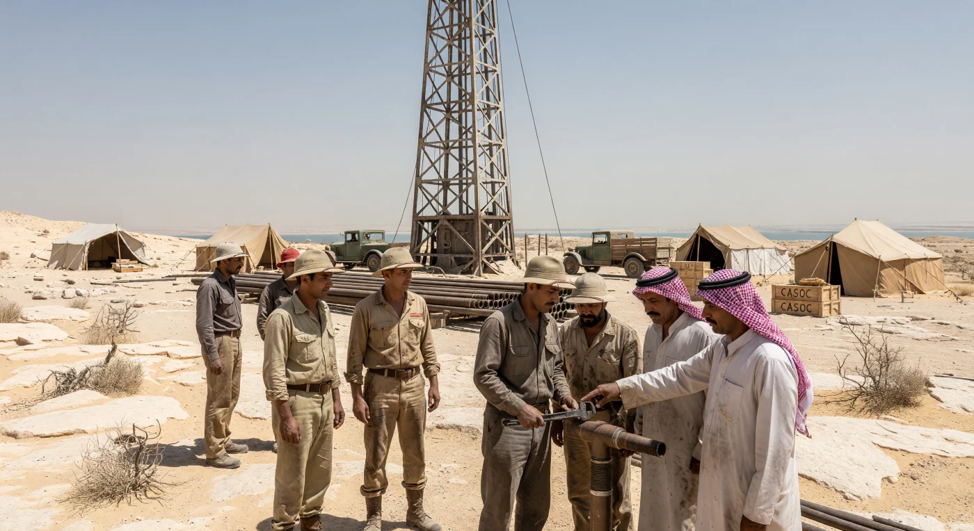 Auf dem sonnenverbrannten Kalksteinplateau von Dhahran ragt der gewaltige Stahlturm der Bohrstelle „Dammam Nr. 7“ in den dunstigen Wüstenhimmel, während amerikanische Ingenieure und saudische Männer in traditionellen Thobes gemeinsam schwere Bohrgestänge untersuchen. Diese Szene aus dem Jahr 1938 markiert den entscheidenden Wendepunkt der ersten erfolgreichen Erdölförderung in Saudi-Arabien durch die CASOC, ein Ereignis, das die globale Energiepolitik und das Schicksal des Königreichs für immer verändern sollte. Zwischen Industrieschmiere und Wüstenstaub dokumentiert die Aufnahme den Beginn einer tiefgreifenden technologischen Transformation am Vorabend des Zweiten Weltkriegs.