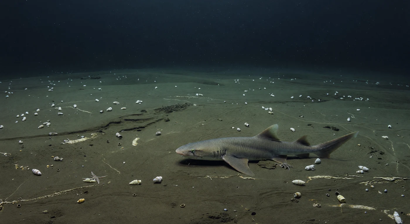No fundo abissal dos oceanos do Paleoceno-Eoceno, há cerca de 56 milhões de anos, a planície lamacenta surge escura e quase vazia, coberta por minúsculas carapaças de foraminíferos planctónicos parcialmente dissolvidas — sinal de águas profundas acidificadas durante o Máximo Térmico do Paleoceno-Eoceno (PETM). Entre um ofiúro, uma pequena holotúria e raros vestígios de escavação no sedimento, um tubarão-vaca semelhante a Hexanchus desliza lentamente acima do fundo, sublinhando a escala deste ambiente stressado e pobre em carbonato. A cena regista um momento de aquecimento global abrupto, quando a rápida libertação de carbono alterou a química do oceano, reduziu a preservação dos microfósseis calcários e empobreceu a vida bentónica nas grandes profundidades.