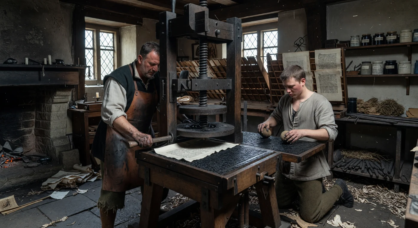In un'officina di Magonza immersa nel chiaroscuro, un mastro stampatore aziona una massiccia pressa a vite in quercia per imprimere l'inchiostro su carta fatta a mano, segnando l'alba di una nuova era. La scena illustra la meticolosa preparazione dei singoli caratteri mobili in lega di piombo, inchiostrati con cura per riprodurre la solenne grafia gotica *Textura*. Questa rivoluzionaria invenzione di Johannes Gutenberg, risalente alla metà del XV secolo, pose fine al monopolio dei manoscritti e trasformò per sempre la diffusione della conoscenza nel mondo moderno.