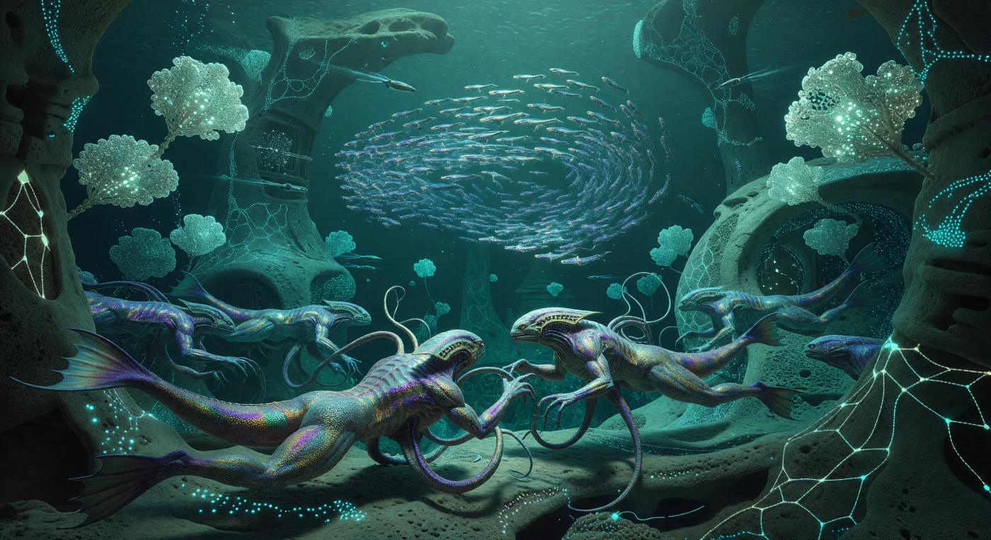 Nesta representação do período Alvorecer Interestelar (3000–5000 d.C.), observamos um grupo de *Cetus-Sapiens*—pós-humanos de três metros com derme reforçada por nanotubos de carbono—realizando o "Entrelaçamento" em um nó de confluência nas profundezas de Tau Ceti e. Sob uma gravidade de 1,6g, estes organismos hidrodinâmicos utilizam seus quatro tentáculos multidigitados e padrões cromatofóricos de violeta e ouro para trocar dados neurais em alta velocidade através de uma conexão sináptica direta. O cenário revela uma arquitetura de calcificação molecular, onde catedrais orgânicas e a rede neural da Bio-Lattice pulsam com bioluminescência, sustentando uma civilização que transcendeu a biologia terrestre para dominar uma hidrosfera abissal de alta pressão.