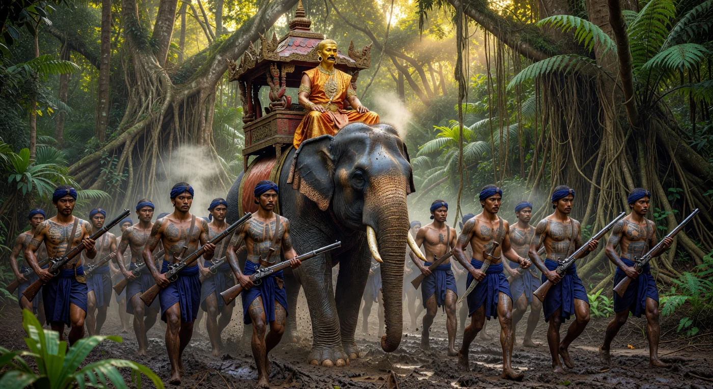 يتقدم فيل آسيوي مهيب يحمل "هودجاً" ملكياً من خشب الساج المذهب مسيرة عسكرية لمملكة أيوثايا، وعلى ظهره نبيل يرتدي الحرير الفاخر وسط غابة استوائية غارقة في الضباب. يحيط به جنود مشاة موشومون يجمعون في تسليحهم بين خناجر "الكريس" التقليدية والبنادق البرتغالية، في مشهد يجسد "عصر التجارة" خلال القرن السادس عشر حيث التقت التقاليد المحلية بالتقنيات الأوروبية الوافدة. تبرز هذه اللوحة التباين الصارخ بين فخامة البلاط الملكي وقسوة الحملات العسكرية في بيئة جنوب شرق آسيا الموحلة والوعرة.