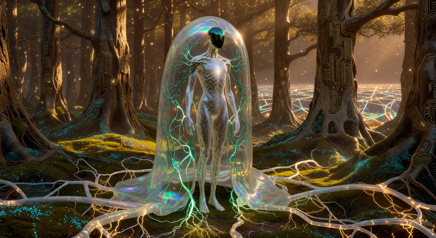 Diese Momentaufnahme aus dem Jahr 450.000 n. Chr. zeigt einen Gaia-Architekten, eine post-biologische Entität, die mittels eines „Neural-Kokons“ aus flüssigem Opal mit dem planetaren Myzel-Netzwerk verschmilzt. In der Ära des „Horizonts“ sind die Grenzen zwischen Flora und Maschine längst verflossen, was sich in den riesigen, metallorganischen Bäumen und der biolumineszenten Bodenvegetation dieser restaurierten Erde widerspiegelt. Die Szene illustriert den Übergang von einer rein organischen Evolution zu einer technologisch gesteuerten Biosphäre, in der das Leben als ein globales, synchronisiertes Netzwerk existiert.