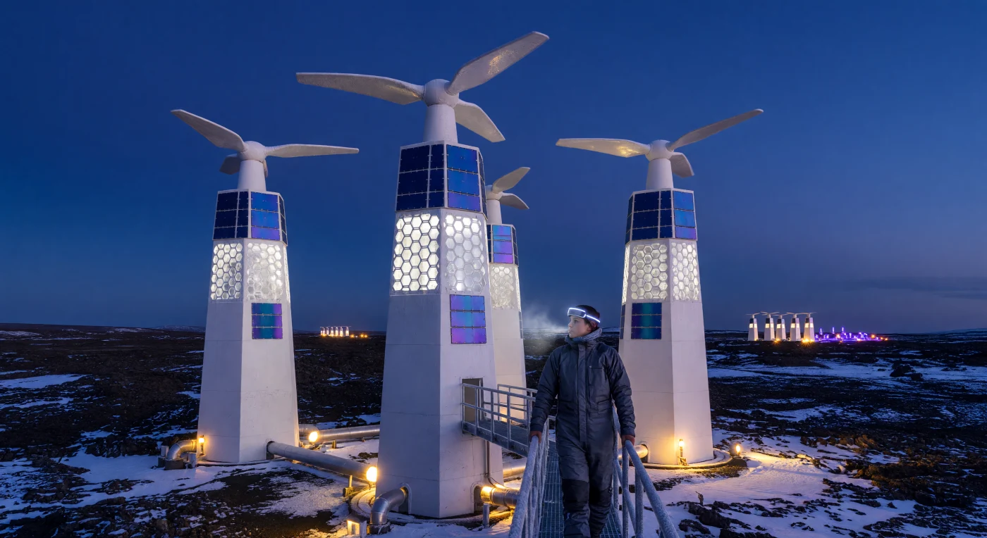 Set against the jagged basalt plains of Iceland during the "Threshold" era (2025–2050), these thirty-meter Gaia Carbon Sequestration Towers represent the height of mid-21st-century climate engineering. The structures utilize advanced Metal-Organic Frameworks (MOFs) to filter carbon dioxide directly from the arctic air, powered by integrated Helios-9 perovskite-silicon solar panels and crown-mounted wind turbines. In the subarctic "blue hour," a technician wearing a "Synapse" neural interface monitors the systems that mineralize captured gas into solid rock, effectively reversing centuries of industrial emissions. This scene captures the "Great Convergence," a pivotal moment when rapid iterations in materials science and AI were harnessed to restore planetary atmospheric balance.