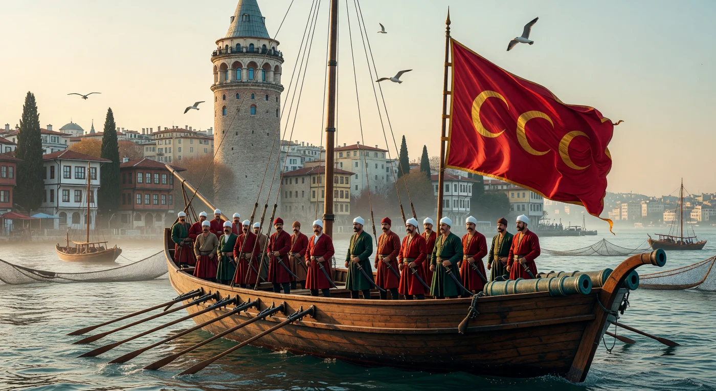 Uma galé otomana Kadirga desliza pelas águas do Corno de Ouro ao amanhecer, tripulada por janízaros em seus icônicos barretes *börk* de feltro branco sob a vigilância da imponente Torre de Gálata. Armada com canhões de bronze e ostentando o estandarte carmesim dos três crescentes, esta embarcação representa o apogeu da engenharia naval e da projeção militar do Império Otomano durante o século XVI. A cena ilustra a sofisticação técnica e o caráter multiétnico de Istambul, o coração cosmopolita de um império que dominava as rotas entre o Oriente e o Ocidente durante o Renascimento.