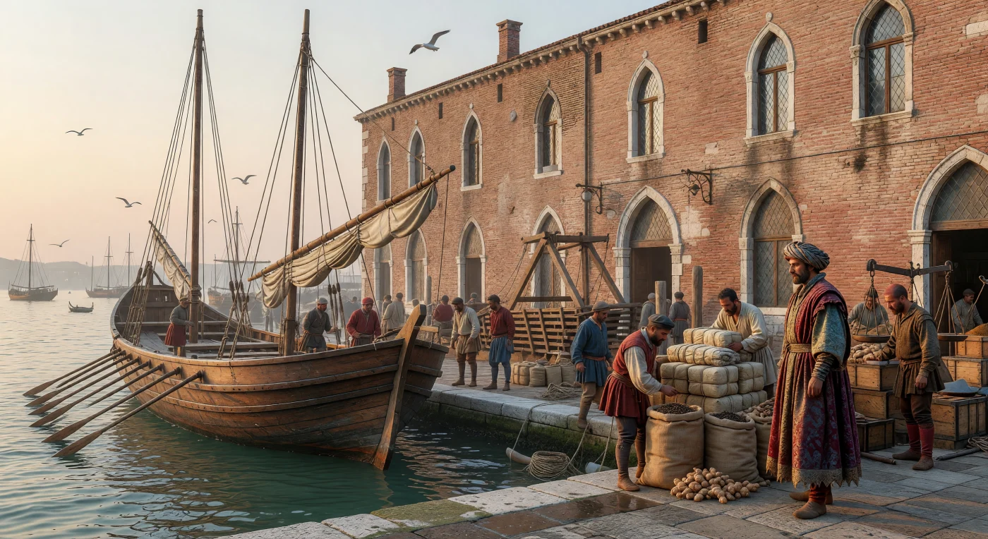 Uma imponente "galia grossa" veneziana repousa junto ao cais de pedra da Riva, onde trabalhadores transportam fardos de seda e sacas de pimenta sob o olhar atento de um mercador em trajes luxuosos. Esta cena ilustra o papel vital de Veneza como a principal ponte comercial entre o Oriente e a Europa ocidental durante o final da Idade Média, evidenciando a sofisticação das rotas marítimas mediterrâneas. A arquitetura gótica dos armazéns ao fundo e a azáfama do porto refletem a imensa riqueza de uma metrópole que transformou especiarias e tecidos finos na base da economia europeia antes da Era dos Descobrimentos.