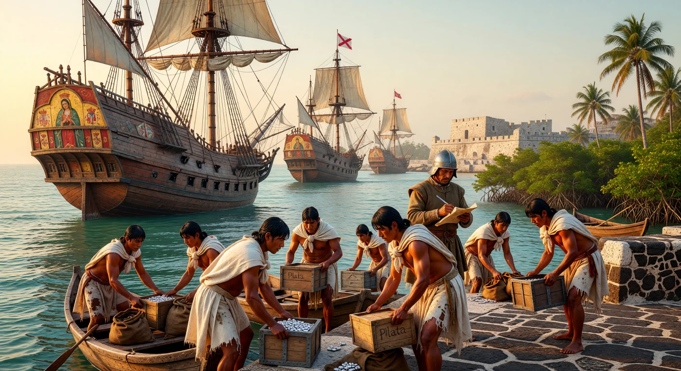 Nesta representação do porto de Veracruz por volta de 1580, imponentes galeões espanhóis adornados com iconografia religiosa e a Cruz de Borgonha ancoram nas águas do Golfo, prontos para transportar a prata americana para a Europa. No cais de pedra vulcânica, trabalhadores Nahua vestindo o tradicional *tilmatli* de algodão carregam pesados baús sob a vigilância de oficiais coloniais, evidenciando as duras realidades do sistema de trabalho da época. A cena ilustra o auge do comércio transatlântico, onde a tecnologia naval europeia e a mão de obra indígena se cruzaram para sustentar a economia global do Império Espanhol.