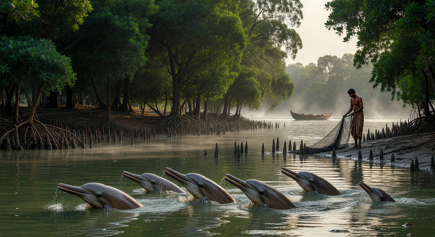 In deze weergave van de Ganges-Brahmaputra-delta tijdens het 4e-eeuwse Gupta-rijk doorbreken rivierdolfijnen het troebele water langs de dichte wortels van een Sundari-mangrovebos. Op de verre horizon glijdt een traditionele vissersboot voorbij, vervaardigd uit planken van Sal-hout die met kokosvezels aan elkaar zijn genaaid volgens de kenmerkende maritieme technieken van de klassieke Indiase oudheid. Dit beeld vangt de harmonie tussen de ongerepte natuur en de vroege maritieme cultuur tijdens de 'Gouden Eeuw' van Zuid-Azië.