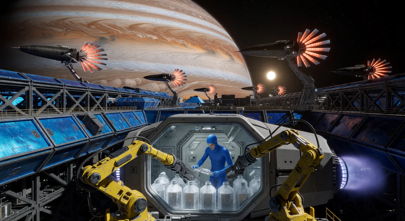 太陽系拡張期の26世紀から31世紀にかけて、木星の衛星ガニメデの上空では、核融合燃料の採掘を担う「真空適応型（バキューム・ハーデンド）」の人類と高度な自動機械が共生していました。この情景では、木星の大気からヘリウム3を採取したスキマー船が、オレンジ色に白熱する巨大な放熱翼（ヒート・ウィング）を輝かせながら、複雑なトラス構造の軌道港へと接舷しています。コバルト遮蔽の強化皮膚を纏った技術者がハプティック装置で巨大な重作業用ワルドーを操る姿は、カルダシェフ・スケール1.3に達した文明が、ガス巨星の莫大なエネルギーを制御し、極限の真空へと進出した進化の到達点を示しています。
