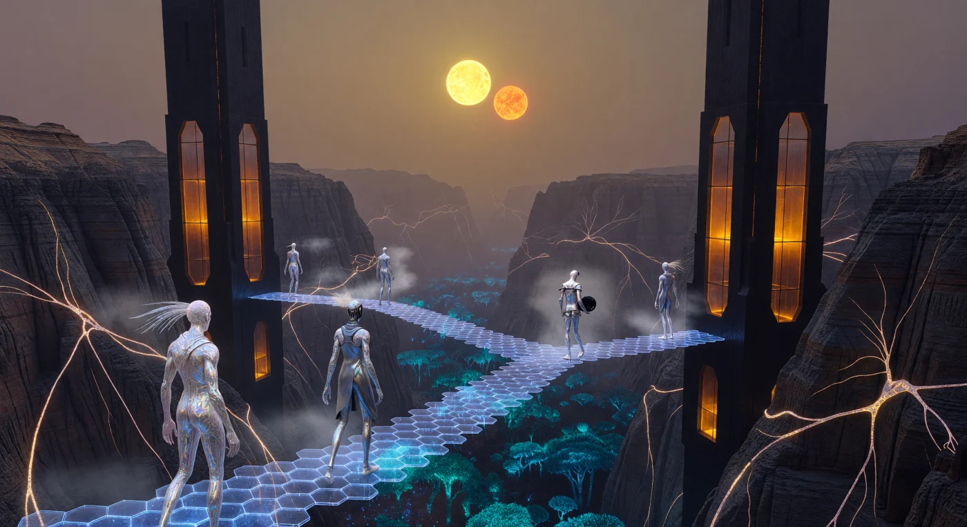 連星の光が降り注ぐ深さ10キロメートルの大峡谷を、磁気力場による青い六角形の道「フラックス・ブリッジ」が渡り、光子トラップ・ガラスを用いた巨大な尖塔群を繋いでいます。「宇宙的成熟期」（西暦2万〜10万年頃）のこの情景では、虹彩色の皮膚と感覚フィラメントを持つポスト・ヒューマン「シルヴァン・クリスタリン」が、重力制御技術を用いて静謐に移動する姿が見て取れます。自然と人工の境界が消失した「存在論的工学」の時代を象徴するように、彼らの足元には惑星データを処理する広大なバイオ発光林が広がり、極限まで洗練された文明と天体環境との完璧な調和を体現しています。