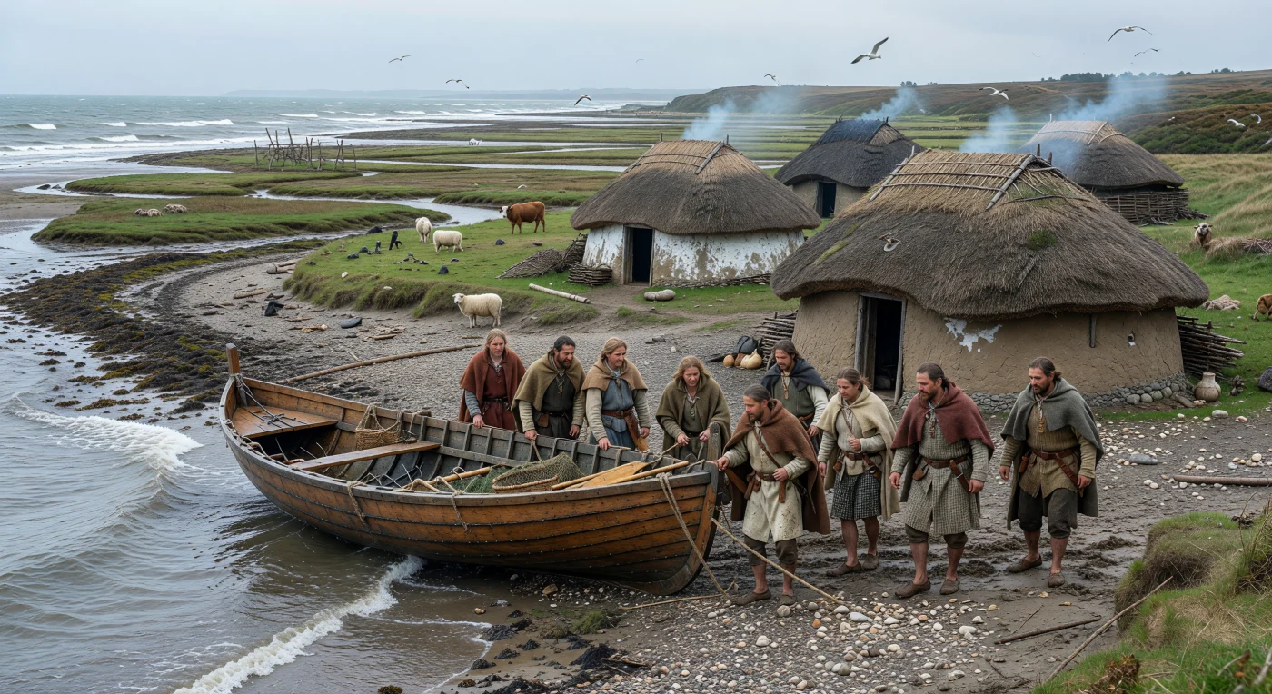 風に打たれた大西洋の河口では、紀元前7〜6世紀ごろの人びとが、灰色の波間から板張りの小舟を岸へ引き上げ、その背後には円形住居の茅葺き屋根と、塩気のある草地で草を食む小柄な牛が見えます。貝殻の散る干潟や魚籠、石のおもりを付けた網は、この集落が農耕だけでなく漁労や貝採集にも深く依存していたことを物語ります。北西ヨーロッパの大西洋岸では、こうした河口の村々が海と陸を結ぶ生活の拠点となり、ときに遠方との交易品がわずかに流れ込む一方で、日々の営みは厳しい潮風と潮汐に寄り添う、きわめて土地に根ざしたものでした。