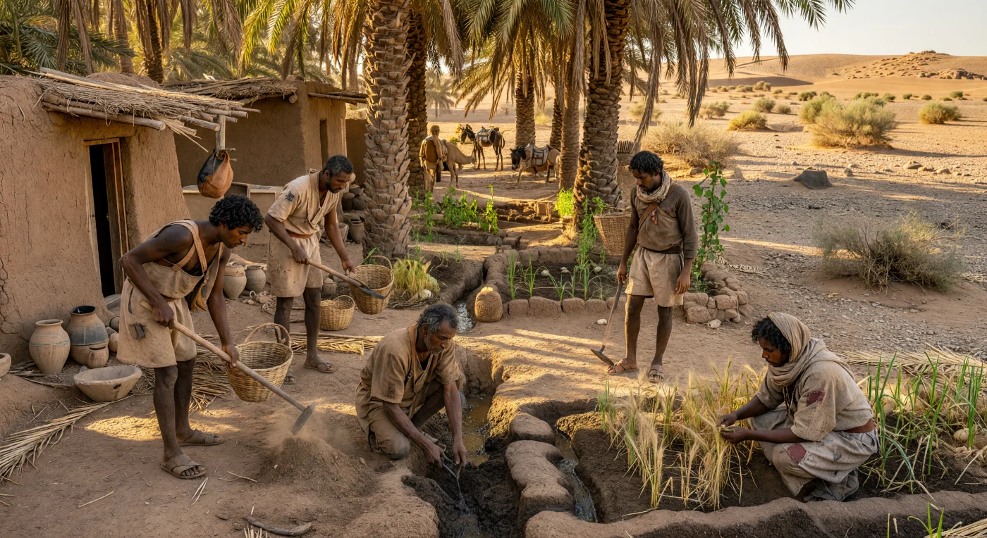 In der Oase des Fessan räumen garamantische Bauern am Auslass eines unterirdischen Bewässerungskanals Schlamm und Geröll fort, während das kostbare Wasser in kleine, von Dattelpalmen beschattete Beete geleitet wird. Die Garamanten, ein bedeutendes Saharavolk des 2.–1. Jahrhunderts v. Chr., machten mit solchen ausgeklügelten Kanalsystemen intensiven Ackerbau in einer der trockensten Regionen Afrikas möglich. Lehmziegelspeicher, Lastesel und frühe Dromedare im Hintergrund verweisen auf eine Gesellschaft, die nicht nur vom Oasenanbau lebte, sondern auch in weiträumige Handelsnetze durch die Sahara und zum Mittelmeer eingebunden war.