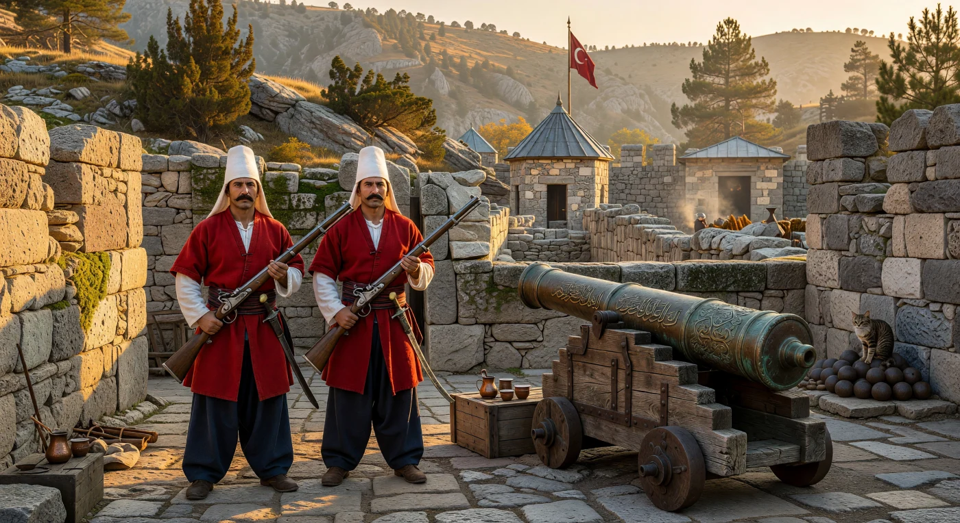 Sur les remparts d'une forteresse calcaire des Balkans à la fin du XVIIe siècle, deux janissaires en faction montent la garde aux côtés d'un imposant canon de bronze orné d'arabesques et de calligraphies. Reconnaissables à leur haut bonnet *börk* en feutre blanc et leur tunique de laine pourpre, ces soldats d'élite portent le fusil à silex et le sabre *yatagan*, symbolisant la puissance militaire d'un Empire ottoman alors en pleine transition. Entre la discipline martiale et les traces de vie quotidienne, comme la présence d'un *cezve* à café et d'un chat domestique, cette scène illustre avec réalisme l'atmosphère des postes-frontières disputés de l'Europe de l'Est à l'époque moderne.