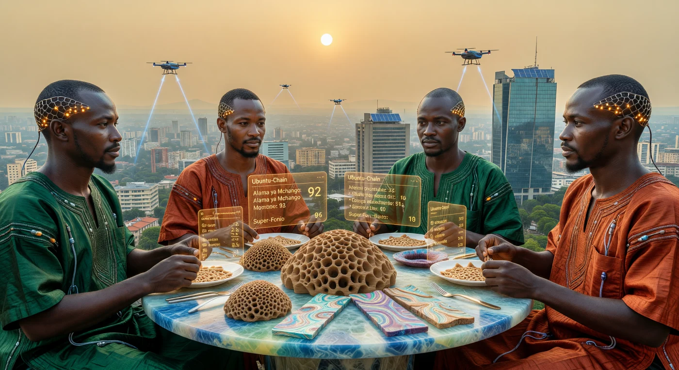 Nesta reconstrução de Kinshasa por volta de 2050, observamos os "Guardiões", seres humanos cujos fenótipos foram otimizados para resistir ao calor equatorial de 55°C através de uma camada lipídica perolada e interfaces neurais *Kipaji*. A cena ilustra a subsistência na era do Limiar, onde o consumo de Super-Fonio e proteínas celulares ocorre sob o brilho de dados holográficos da rede *Ubuntu-Chain* em pináculos biomiméticos de alta eficiência térmica. Este momento captura a resiliência da civilização africana sob céus transformados por aerossóis, marcando a transição tecnológica rumo a uma sociedade de Tipo 0,72 na escala Kardashev.