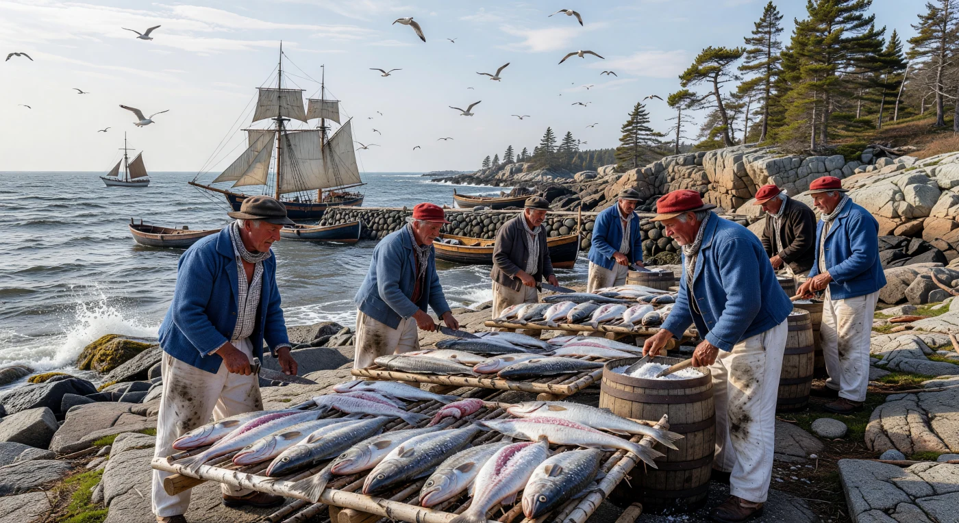 18世紀半ばのガスペ半島では、ブルターニュやノルマンディーから渡ってきたフランス人漁師たちが、岩場の海岸に設けた「フレーク」と呼ばれる木製の棚で、膨大な数の大西洋タラを天日干しにしています。潮風と鋭い陽光を浴びてきらめくタラは、過酷な労働に耐える漁師たちの手によって丁寧に塩漬けされ、背後のセントローレンス湾には彼らの生活を支える平底船やフランスの商船が停泊しています。この地で生産された塩干しタラは、大西洋を巡る国際貿易において極めて重要な価値を持ち、ヨーロッパの食卓や植民地経済を支える「海の黄金」として世界中へ流通しました。