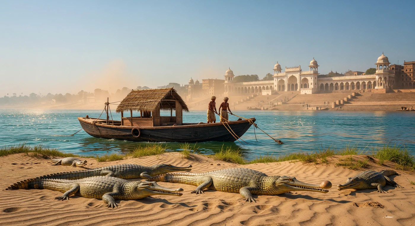 Nas margens arenosas do rio Ganges, crocodilos-gaviais descansam sob o sol da tarde, destacando-se o crescimento bulboso no focinho do macho, enquanto um tradicional barco *bajra* de teto de palha desliza silenciosamente. Ao fundo, a arquitetura indo-sarracena de um imponente *ghat* de mármore branco evoca o auge do Raj Britânico por volta de 1900, um período em que a biodiversidade e as tradições ancestrais da Índia ainda dominavam a paisagem fluvial. Esta cena da Belle Époque captura a atmosfera vibrante e o ritmo pausado do sul da Ásia, unindo a vida selvagem nativa ao esplendor arquitetônico das margens sagradas.