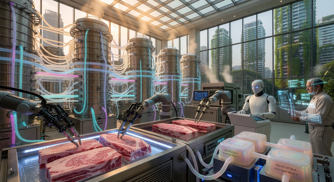 In een zonovergoten 'Groene Toren' in Singapore oogsten geavanceerde robotarmen met uiterste precisie gekweekte wagyu-eiwitten uit enorme bioreactoren, verlicht door de amberkleurige gloed van een innovatief plafond van perovskiet-glas. Deze scène uit de "Threshold"-periode (ca. 2025-2050) illustreert de radicale verschuiving waarbij de mensheid, ondersteund door fusie-energie en synthetische entiteiten, overstapt op cellulaire landbouw om de bevolking van duurzame Nutri-Gel te voorzien. De integratie van neurale interfaces en moleculaire assemblage markeert het begin van een tijdperk waarin de grens tussen biologische organismen en technologische innovatie definitief vervaagt.