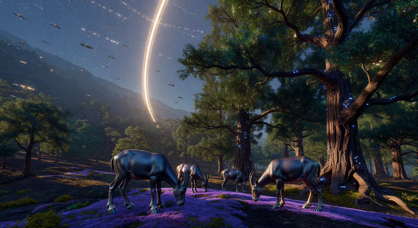 In de Alpha-drum van de *Ark of Sol* (ca. 2500–3000 n.Chr.) zien we een hoogwaardig geconstrueerd ecosysteem dat de grenzen tussen biologie en techniek doet vervagen. Genetisch gemodificeerde steenbokken met versterkte botstructuren grazen hier op violet bioluminescent mos onder "Zwaarhout-eiken," bomen die met koolstofnanobuisjes zijn versterkt om de constante centrifugale kracht van de roterende habitat te weerstaan. Terwijl dit interstellaire schip met een fractie van de lichtsnelheid door de leegte drift, vormt dit bos een levend bewijs van de menselijke drang om de aardse biosfeer te herontwerpen voor een toekomst tussen de sterren.