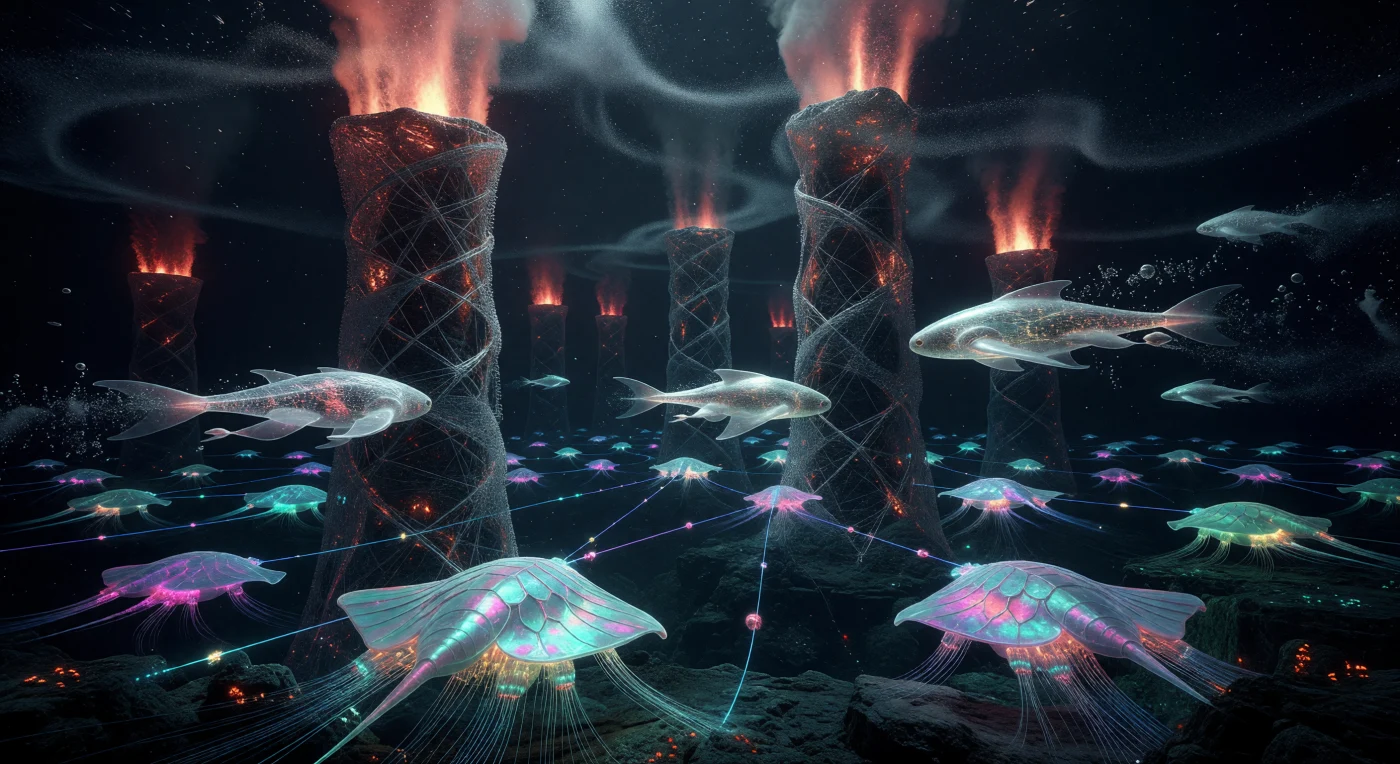 In der ewigen Finsternis des Exoplaneten K2-18b beleuchten glühende hydrothermale Schlote eine hochkomplex gestaltete Ökologie des Galaktischen Zeitalters (ca. 5.000–20.000 n. Chr.). Man erkennt die post-biologischen *Pellucid*, deren lichtdurchlässige Körper von supraleitenden Graphen-Netzen durchzogen sind, während sie neben gigantischen, manta-ähnlichen Weidetieren durch eine dichte Wolke aus biolumineszentem Plankton navigieren. Diese Szene illustriert die technologische Symbiose des 11. Jahrtausends, in der durch molekulare Assembler verstärkte Schlotstrukturen und künstliche Megafauna den lebensfeindlichen Hochdruck-Abgrund in einen pulsierenden, biosynthetischen Lebensraum verwandelt haben.