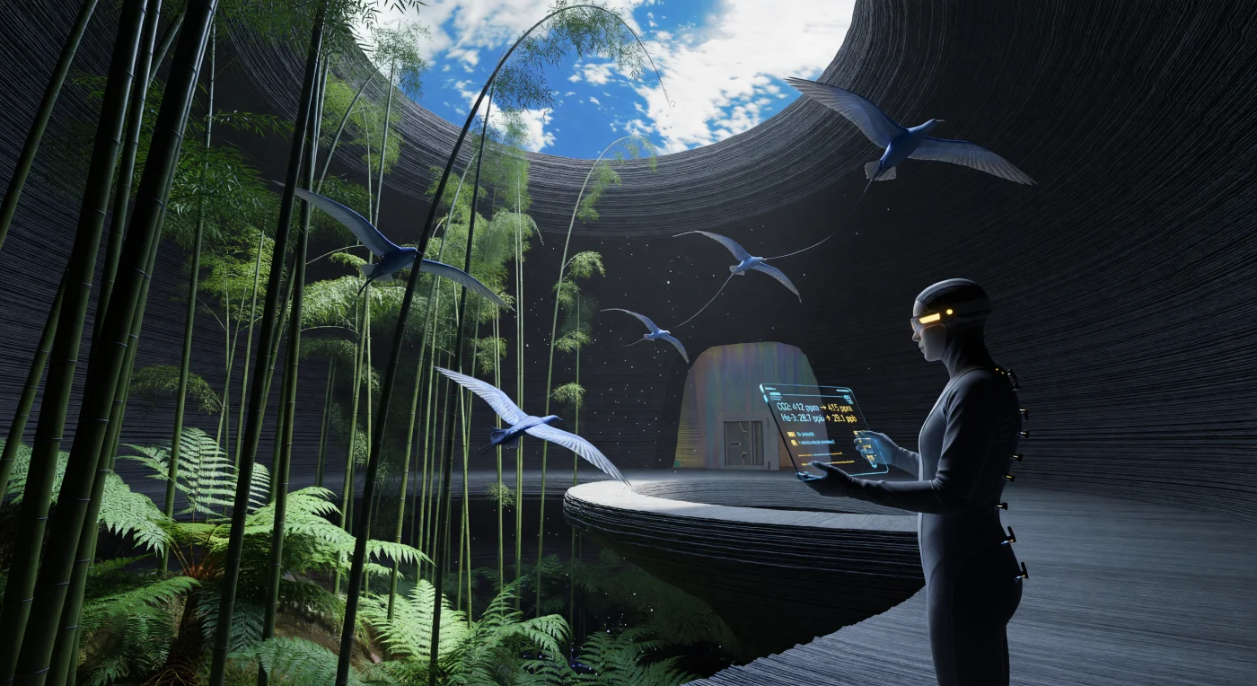 서기 2080년경 마리우스 언덕(Marius Hills) 용암 동굴 내부에 조성된 ‘그린 베인(Green Vein)’ 서식지는 달의 저중력 환경에 최적화된 인공 생태계의 경이로운 모습을 보여줍니다. 30미터 높이의 거대한 유전자 변형 대나무 숲 사이로 초경량 골격과 반투명한 긴 날개를 지닌 '루나 스위프트(Lunar Swift)'들이 비행하며, 이는 1/6 중력이 빚어낸 새로운 생물학적 형상을 드러냅니다. 관찰 데크의 셀레네인(Selene-born) 기술자는 증강 시각 장치로 대기 성분을 정밀하게 모니터링하며, 황량한 월면 지하에서 인류와 공학적으로 설계된 생명체들이 공존하는 독특한 미래적 생태 지평을 제시합니다.