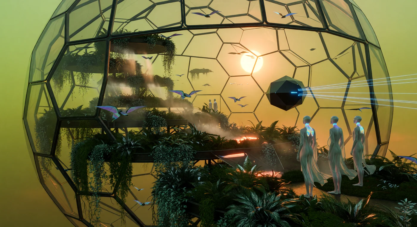 Een kolossale, twee kilometer brede aerostaat zweeft door de amberkleurige Venusiaanse atmosfeer, gevuld met weelderige terrassen van genetisch gemodificeerde aardse varens en klimop. Tijdens de Era van de Solaire Expansie (2500–3000 n.Chr.) bewoonden de 'Aeros' – aangepaste mensen met holle botten en een parelmoerachtige huid – deze zwevende habitats, terwijl ze gebruikmaakten van atmosferische thermo-elektrische energie. Te midden van de super-roterende winden en een eeuwige zonsondergang weerspiegelt dit tafereel de technologische bloei van een beschaving die de binnenste planeten transformeerde tot het kloppende hart van de menselijke invloedssfeer.