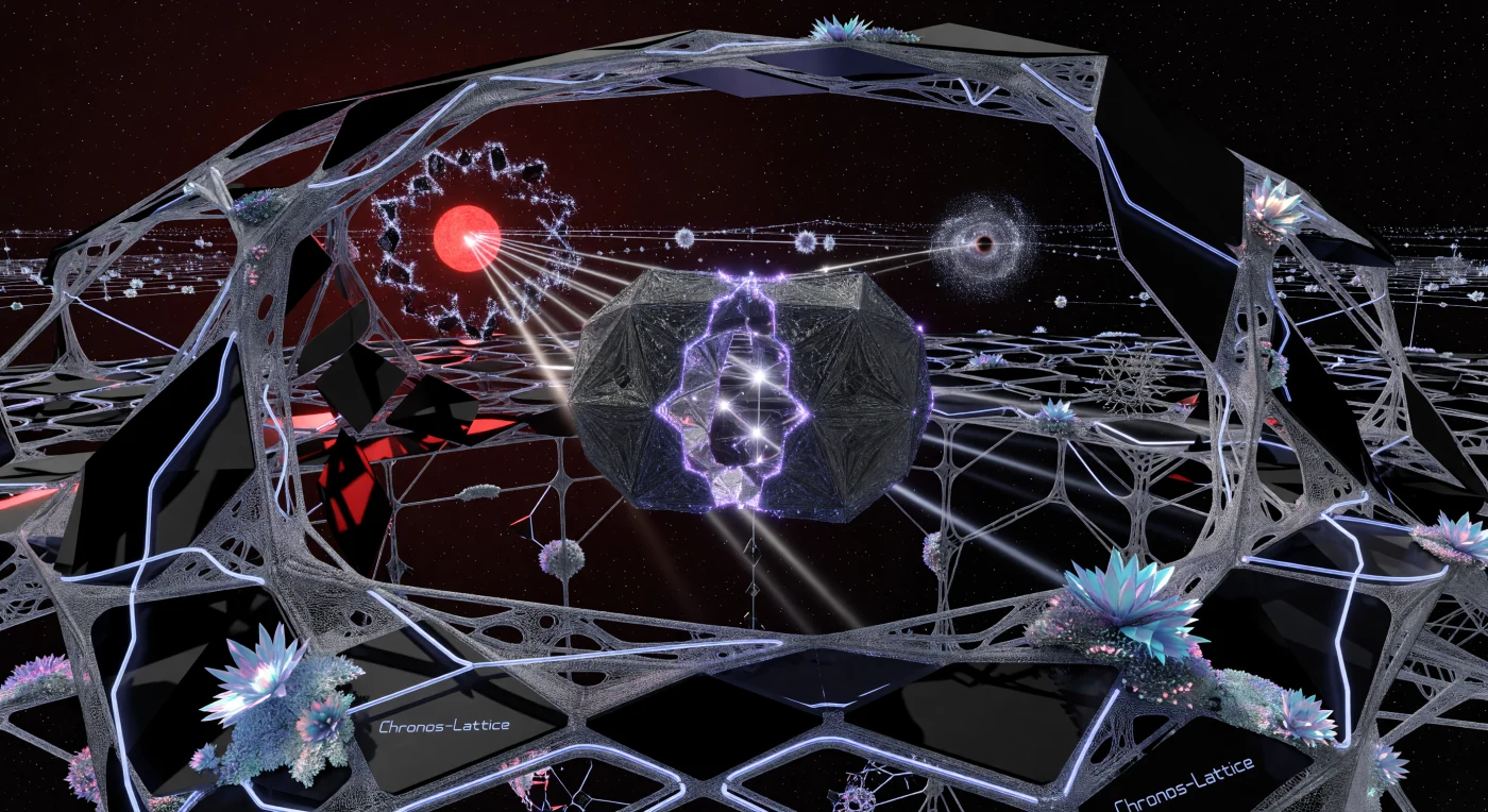 Two Substrate-Independent Minds (SIMs), manifested as shifting geometric polyhedrons of shimmering utility fog, engage in a "Data-Merge" within the obsidian galleries of the Chronos-Lattice. This high-energy social fusion allows post-biological entities of the Interstellar Dawn (c. 3000–5000 CE) to exchange vast datasets via infrared pulses, all set against the dim, crimson backdrop of the red dwarf Barnard’s Star. The scene illustrates the radical minimalism of a civilization that has transcended organic form, utilizing carbon-nanotube architecture and harvested black hole energy to maintain a cold-state computational existence.