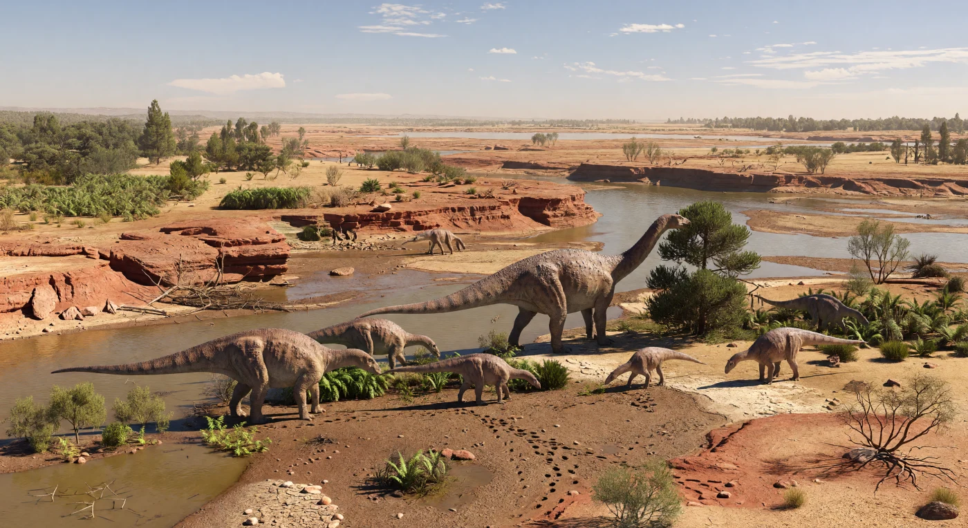 Op deze hete, halfdroge overstromingsvlakte van Laat-Krijt-Patagonië in Argentinië trekt een kudde Saltasaurus voorbij, ongeveer 12 meter lange titanosauriërs met een compacte bouw en opvallende kiezelachtige osteodermen en knobbelige pantserschubben in de huid. Tussen varens, lage cycaden en araucaria-achtige naaldbomen grazen de dieren langs een modderige gevlochten rivier, terwijl hun voetafdrukken achterblijven in roodbruine slibvlakten en zandbanken van de Neuquén-regio. Dit landschap dateert van circa 72 tot 66 miljoen jaar geleden, toen zuidelijk Gondwana nog werd gevormd door een warm broeikasklimaat, seizoensdroogte en actieve tektoniek langs de westelijke rand van Zuid-Amerika.