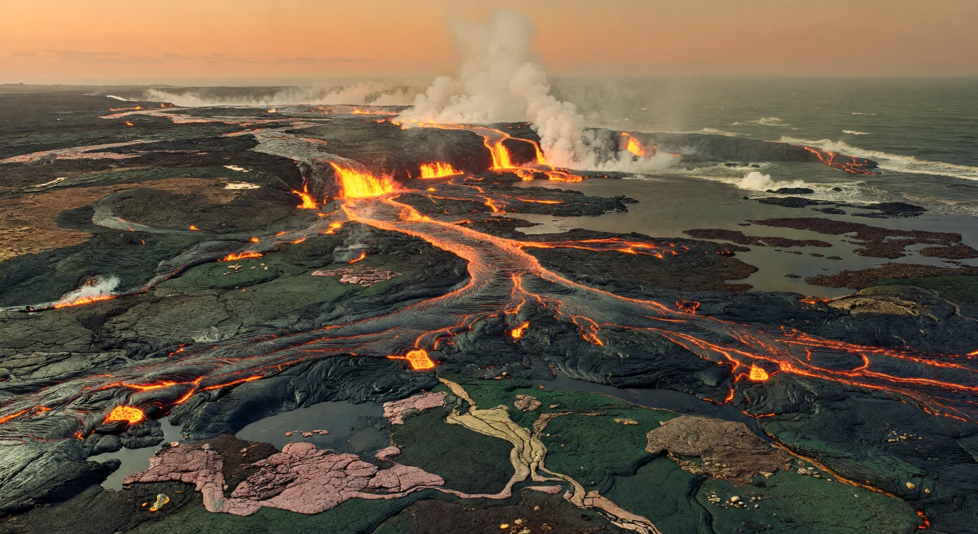 Een vloed van ultramafische komatiietlava stroomt hier in dunne, razendsnelle banen over een kale Archeïsche kraton, wit-oranje gloeiend bij ongeveer 1.500–1.600 °C en al snel bedekt met een glanzend zwarte korst waar scheuren nog rood oplichten. Dit tafereel, kenmerkend voor de periode van circa 3,2–2,7 miljard jaar geleden, laat een jonge aardkorst zien van komatiieten, basaltische groengordels en lichte TTG-gesteenten (tonaliet–trondhjemiet–granodioriet), met zwavelgele fumarolen en stoomwolken waar lava de hete, ijzer- en siliciumrijke kustzee bereikt. Op de landmassa zelf was nog geen bodem, plant of dier te vinden; alleen langs de ondiepe kust konden eenvoudige micro-organismen, waarschijnlijk in microbiële matten en vroege stromatolieten, donkere films op het gesteente vormen.