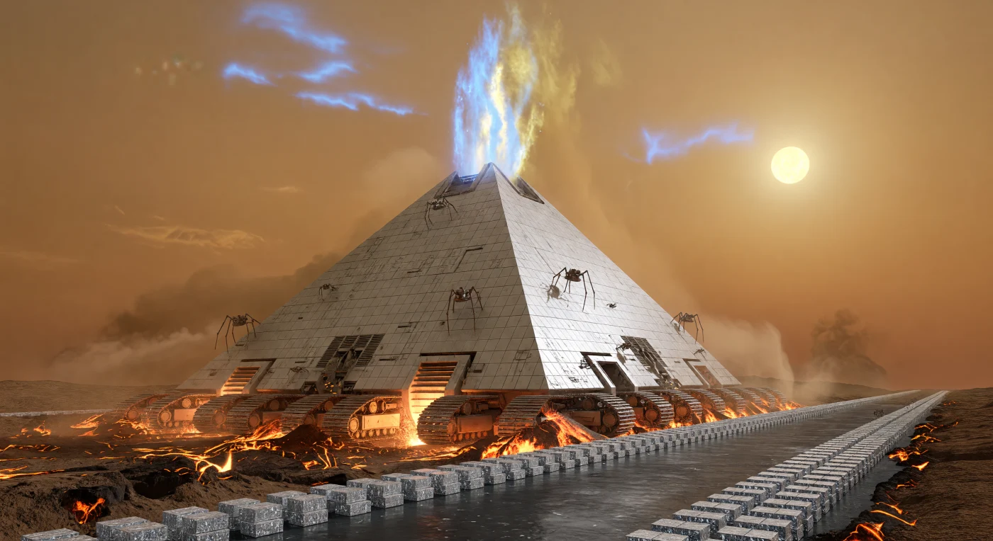 서기 27세기 중반, 금성의 맥스웰 산맥을 가로지르는 거대한 ‘리소-브리더(Litho-Breather)’는 태양계 확장기(서기 2500~3000년) 인류가 도달한 행성 개조 공학의 정수를 보여줍니다. 400미터 높이의 이 텅스텐 카바이드 피라미드는 지각을 분쇄해 이온화된 산소를 뿜어내며 황색 대기를 정화하고, 그 뒤로 정교하게 가공된 탄소 다이아몬드 큐브와 유리화된 현무암의 흔적을 남깁니다. 가혹한 고압 환경 속에서 묵묵히 전진하는 이 거대 구조물은 불모의 행성을 생명체가 숨 쉴 수 있는 새로운 세계로 재탄생시키려는 인류의 의지가 투영된 장엄한 기술적 유산입니다.