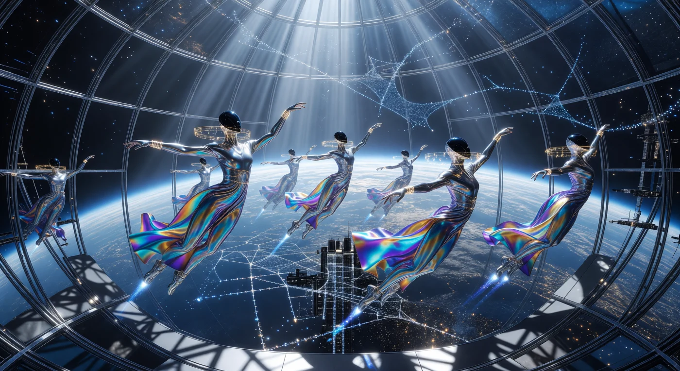 Tijdens de Grote Divergentie (2200–2500 n.Chr.) onderging de menselijke soort een radicale evolutionaire splitsing, prachtig geïllustreerd door deze 'Orbital Synthetics' in een gewichtloos theater boven de aarde. Deze post-humane wezens vertonen morfologische aanpassingen aan een leven in orbitale habitats, zoals langgerekte ledematen en een met zilvernitraat verrijkte huid die hen beschermt tegen intense zonnestraling. Terwijl zij zich voortbewegen met ionen-stuwers, vormen hun gloeiende sporen complexe Voronoi-patronen, wat de definitieve breuk markeert tussen de traditionele aardse biologie en een nieuwe, technologische fase van de menselijke geschiedenis.