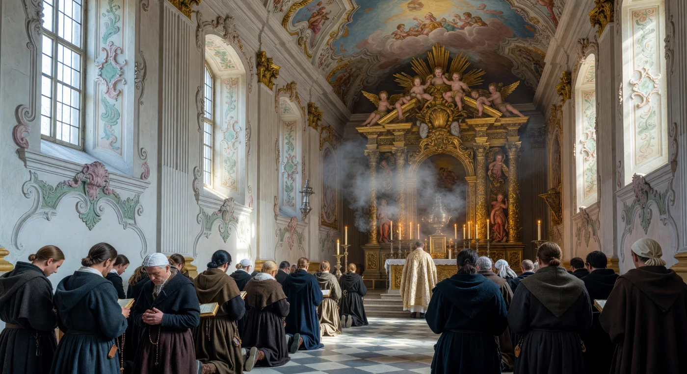 In deze achttiende-eeuwse rococo-kathedraal knielen gelovigen in sobere, donkere mantels op een koude marmeren vloer, terwijl zonnestralen door de wierookwolken de pracht van het vergulde altaar verlichten. De weelderige architectuur met haar kenmerkende pasteltinten en asymmetrisch stucwerk weerspiegelt de verfijnde rococo-stijl die halverwege de 18e eeuw de Europese kerken transformeerde. Het scherpe contrast tussen de eenvoudige kledij van de burgers en de overdaad aan bladgoud illustreert de diepe religieuze toewijding en de strikte sociale hiërarchie van dit tijdperk.